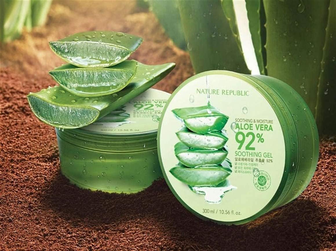 Nature Republic Aloe Vera 92% Soothing Gel - 10.56 Fl Oz for Face, Body & Hair - Hydrating Moisturizer for Sunburn Relief, Skin Care & After Shave - Vegan & Cruelty-Free