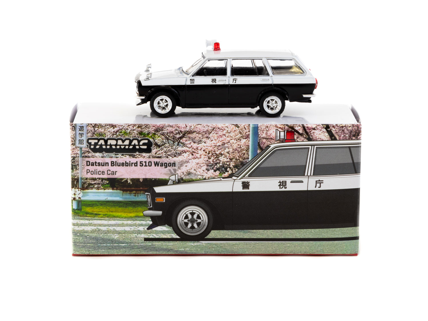 Tarmac Works 1/64 Scale Datsun Bluebird 510 Wagon Japan Police Car Diecast Model - Collectible Miniature Toy for Display, Gifts & Racing Scenes
