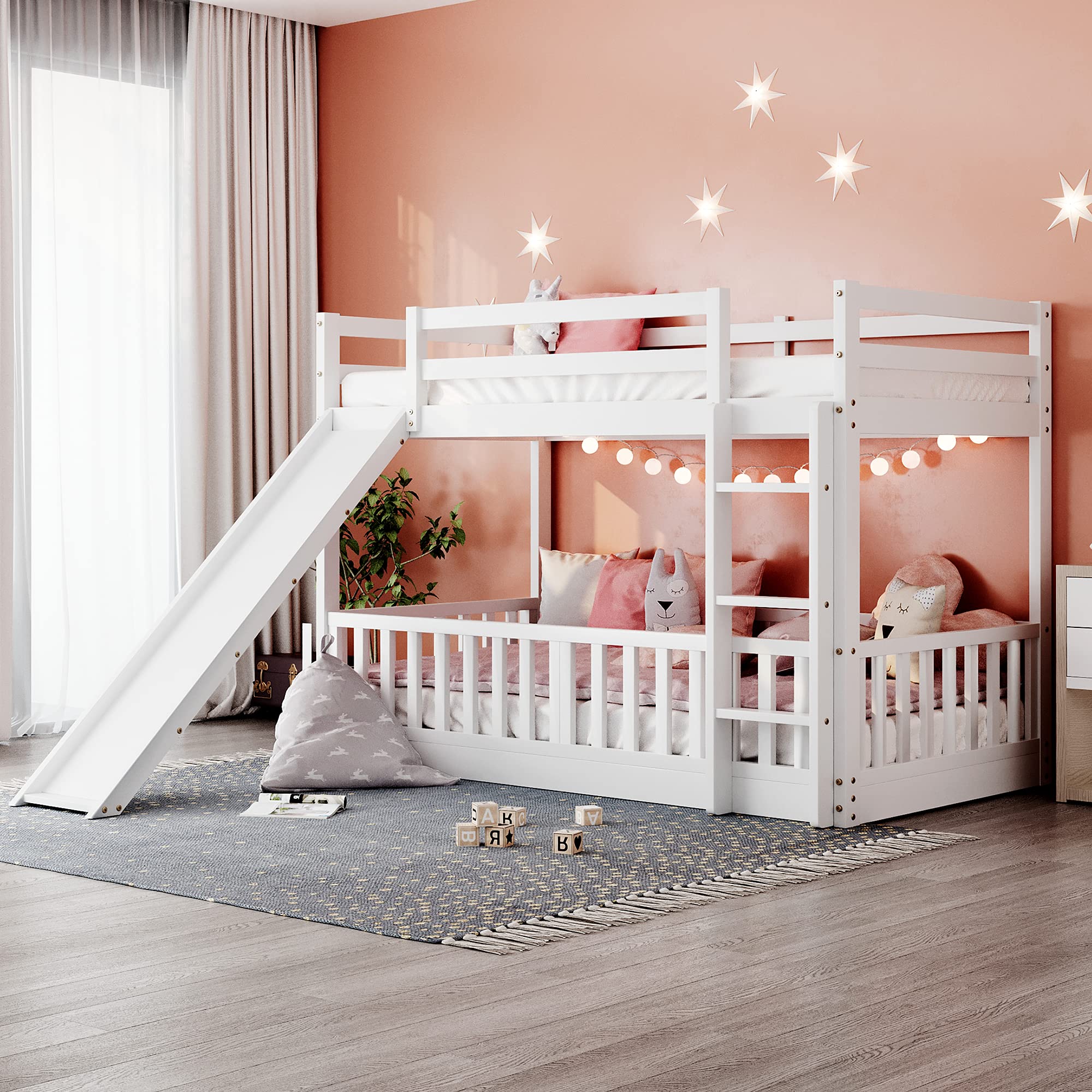 Bellemave Twin Over Twin Kids Bunk Bed with Slide & Ladder - Low Profile Safety Design with Removable Guardrail - Perfect for Small Bedrooms, Playrooms & Sleepovers (White)