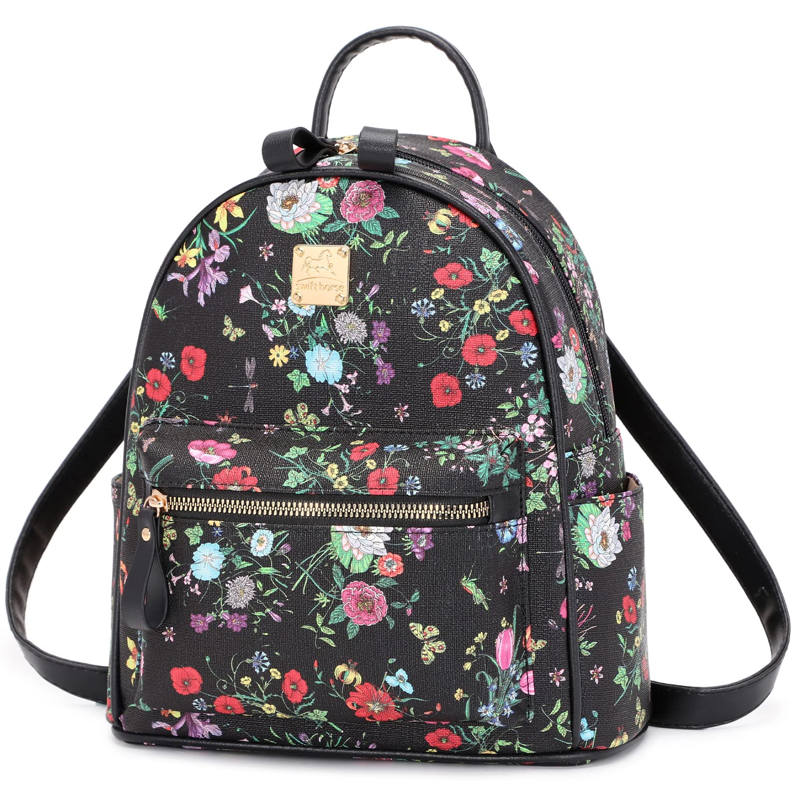 Women's Mini Backpack Purse - Small Cute Floral Print Faux Leather Shoulder Bag with Double Straps (Black) | Perfect for Travel, Shopping & Everyday Use