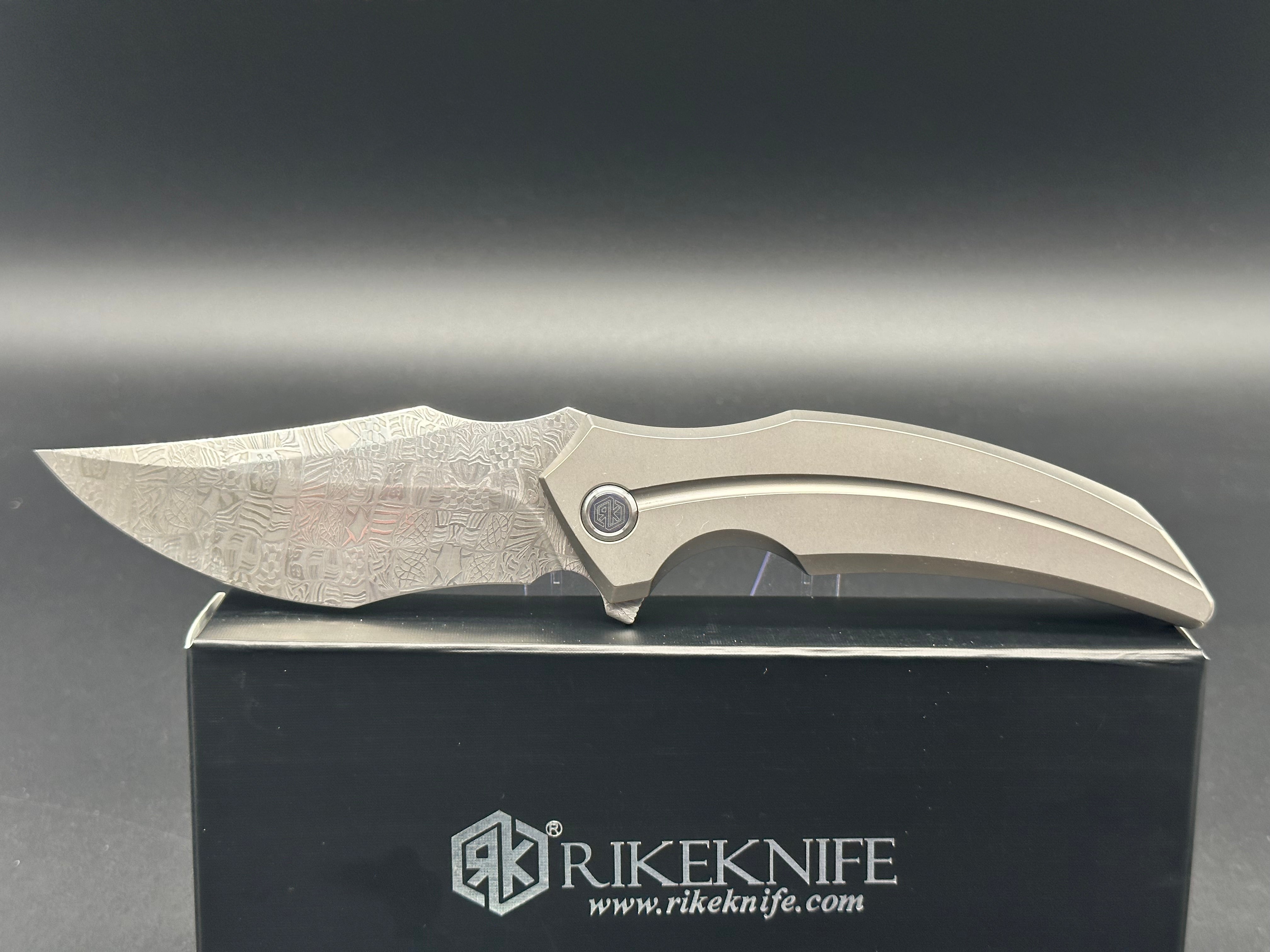 RIKE S05 Damascus Folding Pocket Knife - Titanium Handle with Mokuti Clip & Pivot - EDC Tactical Knife for Outdoor Camping, Hunting & Everyday Carry