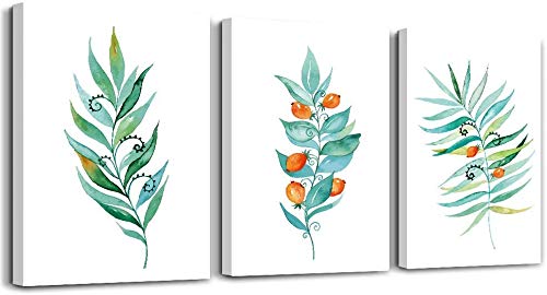 3-Piece Green Leaf Floral Watercolor Canvas Wall Art Set (12x16 Inches) - Perfect for Kitchen, Bathroom, Bedroom & Living Room Decor - Handmade Watercolor Painting Prints for Home Decoration - Ideal for Adding Nature-Inspired Elegance to Your Walls