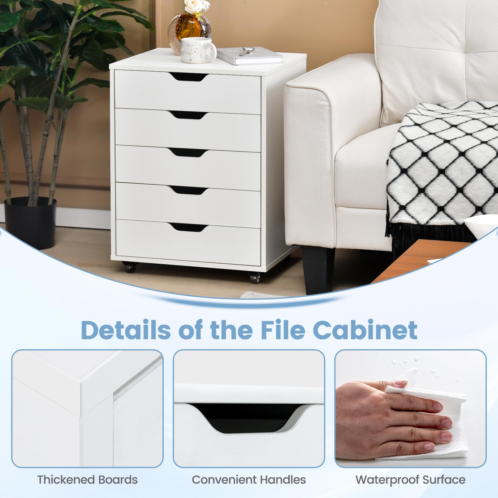 5-Drawer Mobile File Cabinet with Universal Wheels - White Office Storage Cabinet, Vertical Printer Stand & Rolling Storage Organizer for Home & Office Use - Perfect for Documents, Supplies & Workspace Organization