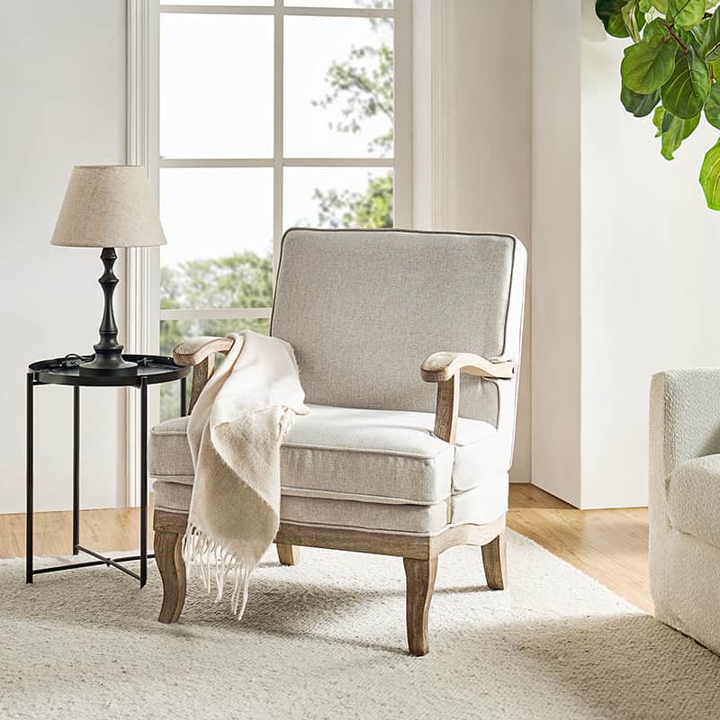 Randolph Farmhouse Upholstered Accent Chair with Wooden Legs - Comfortable Living Room Armchair for Home Decor, Reading Nook & Cozy Sitting Area (Multiple Style Options Available)