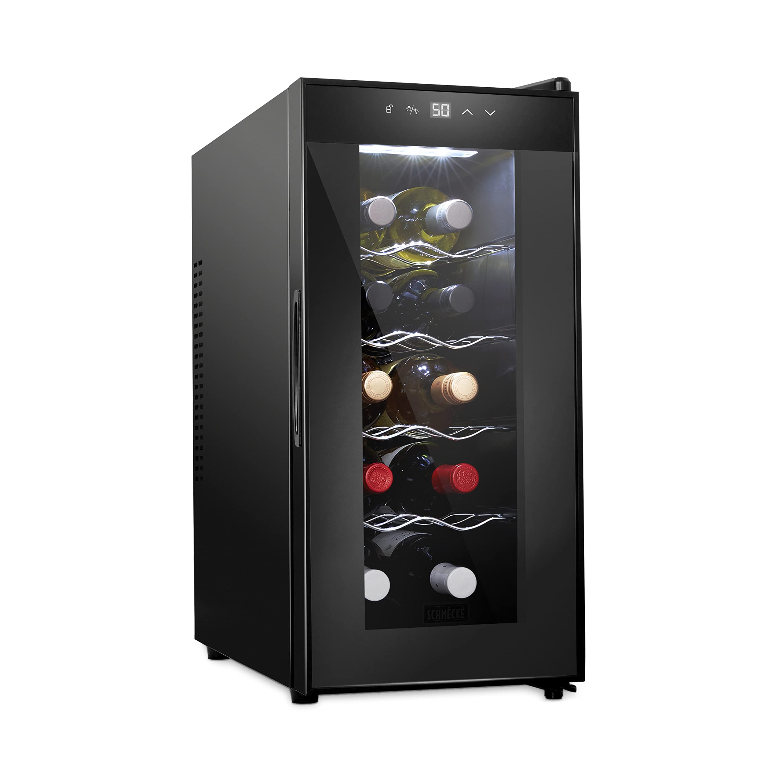 Schmécké 10-Bottle Thermoelectric Wine Cooler & Chiller - Freestanding Countertop Wine Fridge with Digital Temperature Display, Smoked Glass Door & Quiet Operation - Perfect for Home Bars, Kitchens & Entertaining (Red & White Wine Storage)