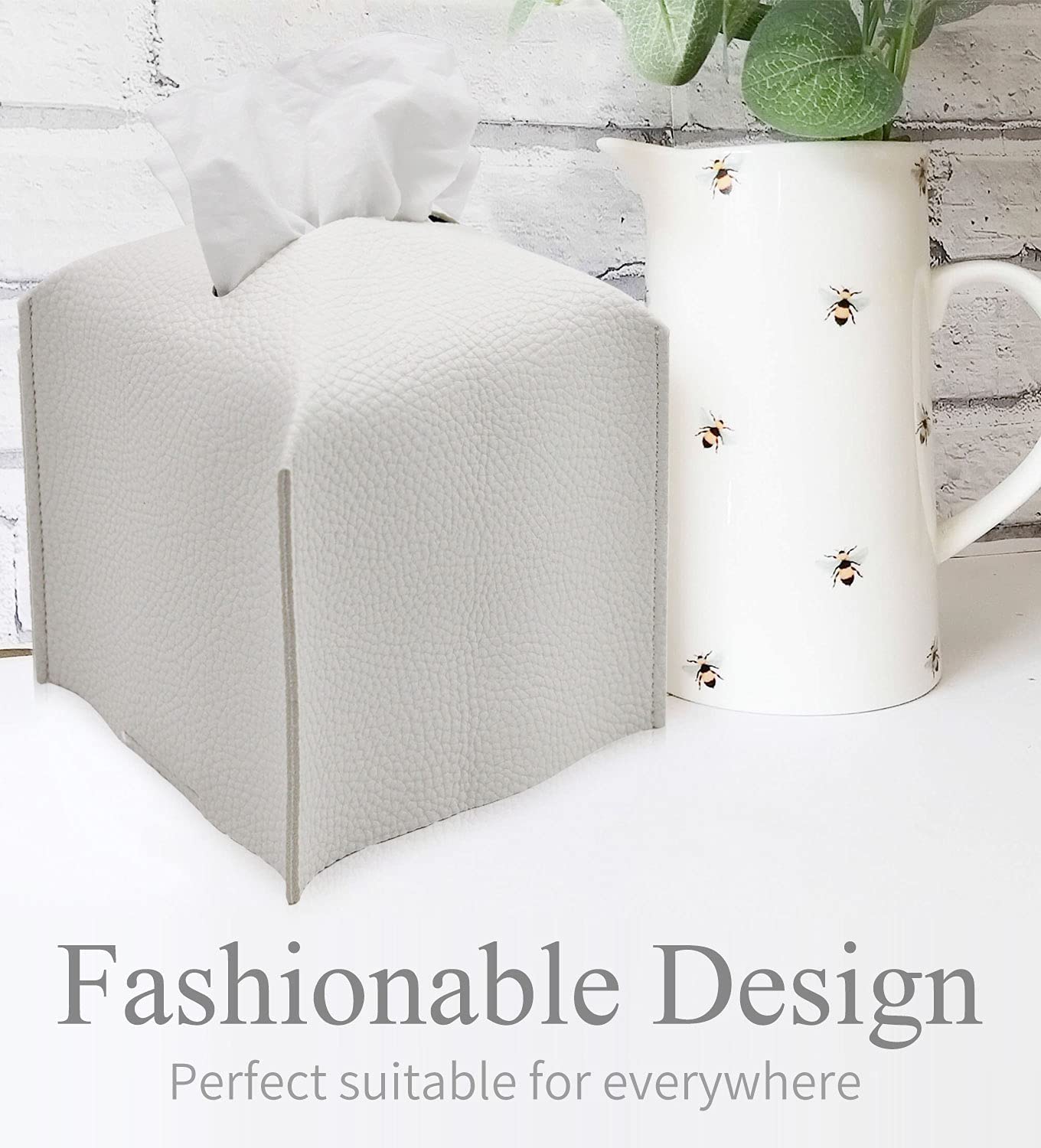 Livelab Square PU Leather Tissue Box Cover - Modern Decorative Tissue Holder for Bathroom, Vanity, Nightstand & Desk (5x5x5 Inches, Off White) | Home Decor & Office Organization Accessory