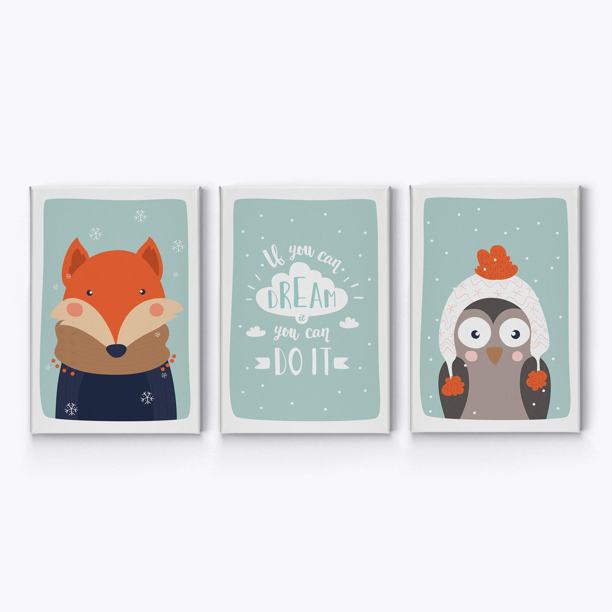 Cute Fox Owl Winter Theme Canvas Print Set - 3 Piece Turquoise Background Wall Art for Kids Room Decor, Baby Boy & Girl Nursery (40x30 Inches, Rolled) | Made in USA | Perfect for Bedroom, Playroom & Nursery Decor