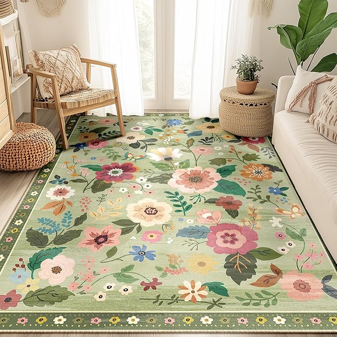 Willow Custom Floral Vintage Washable Rug - Light Green Multi-Color Printed Carpet Runner for Living Room, Bedroom & Hallway Decor