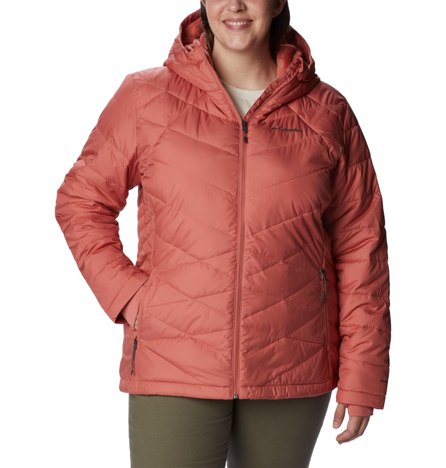 Columbia Women's Plus Size Heavenly Hooded Jacket - Waterproof Lightweight Winter Coat, Dark Coral (1X) for Hiking, Camping & Outdoor Activities