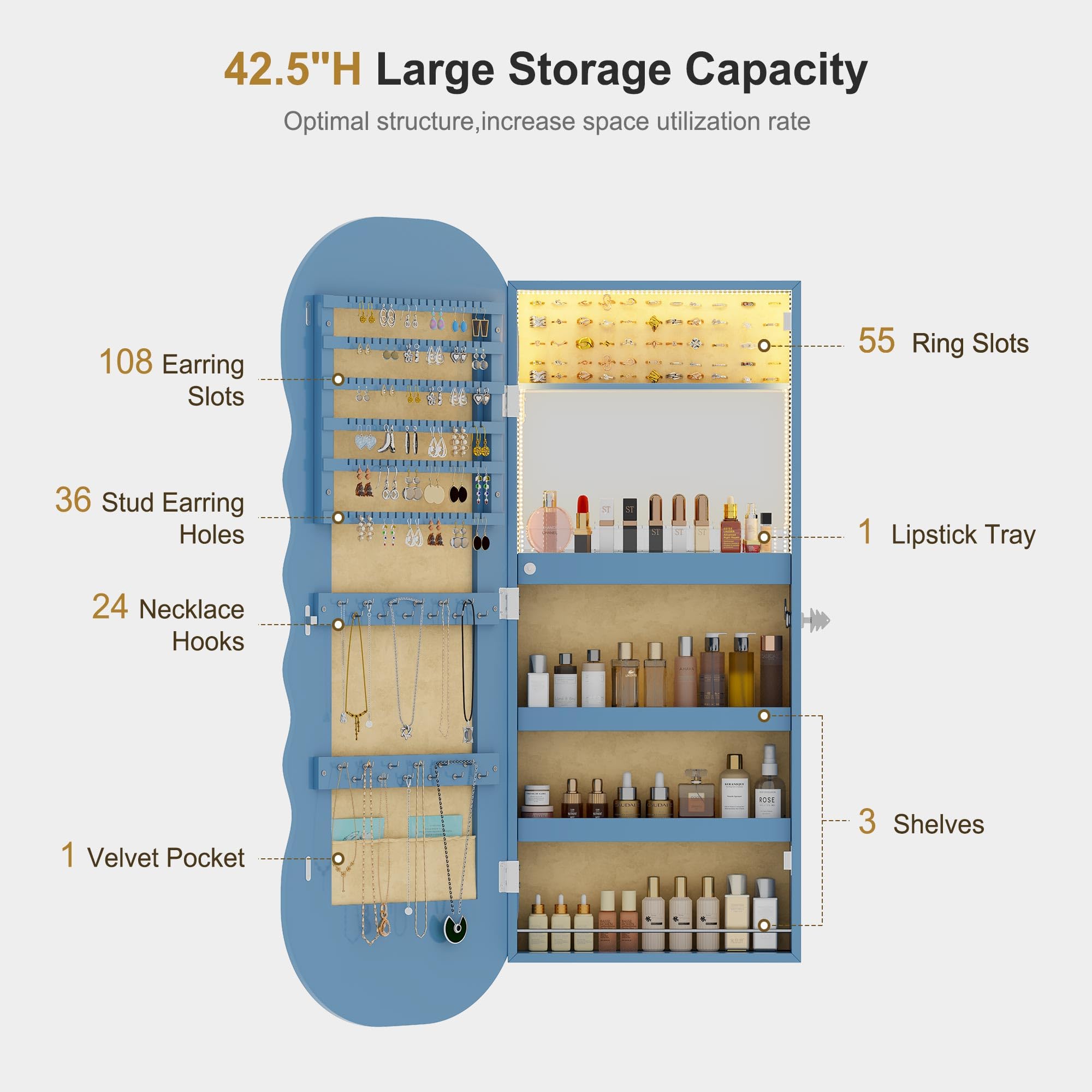 HNEBC LED Mirror Jewelry Cabinet - Wall/Door Mounted Jewelry Armoire Organizer with Lights & Lock - 42.5