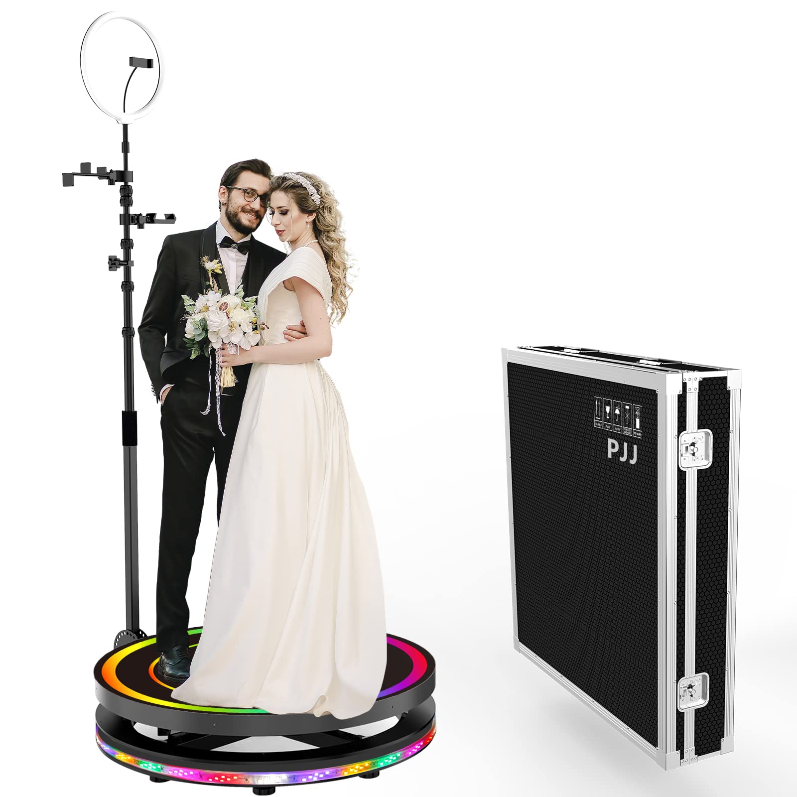 PJJ Automatic 360° Rotating Photo Booth with Dimmable LED Ring Light & Remote Control - Perfect for Selfie Parties, Events, Weddings & Social Media Content Creation (31.5