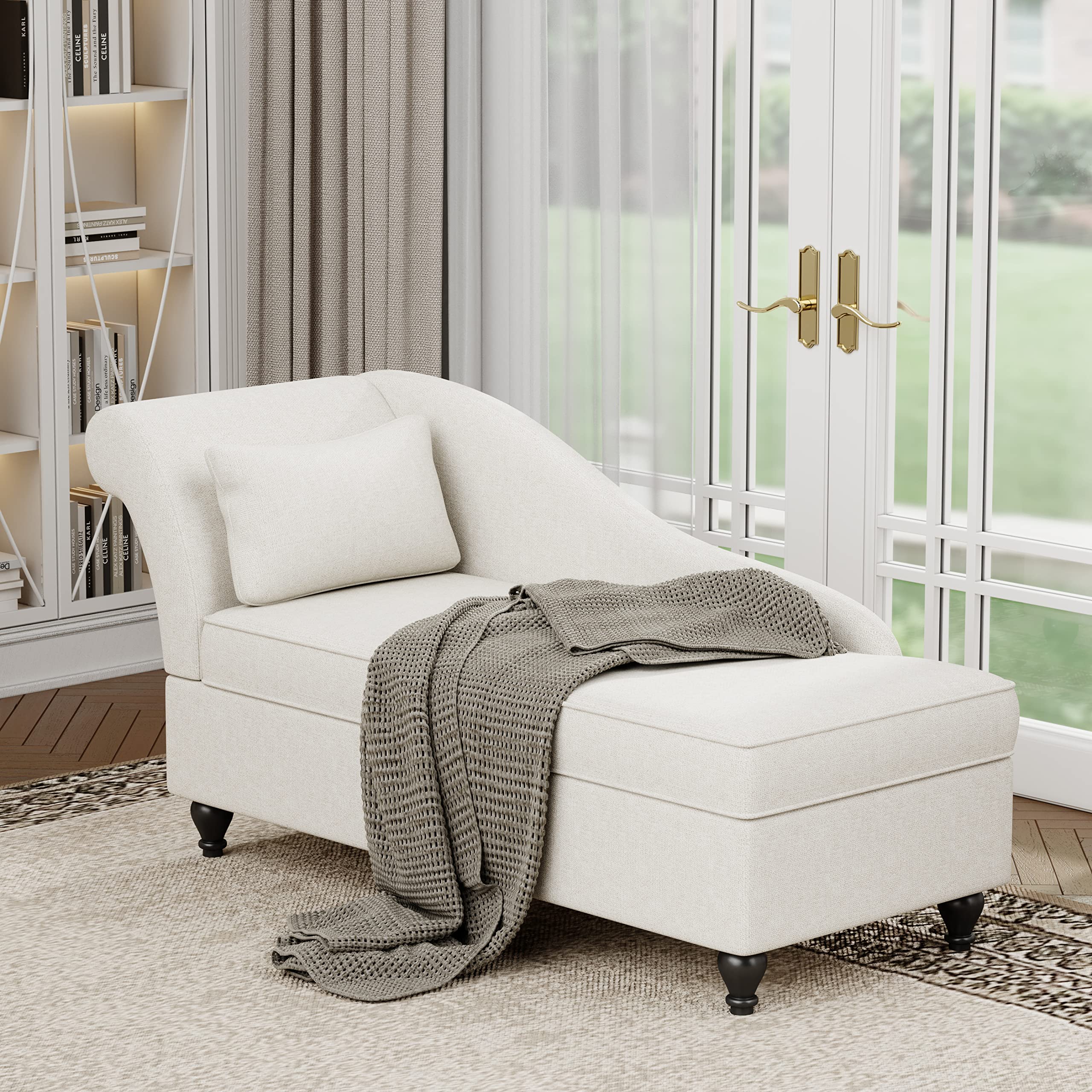 Yongqiang Upholstered Chaise Lounge Chair with Storage - Beige Fabric Left Armrest for Bedroom, Living Room & Office | Comfortable Seating with Hidden Storage Space | Perfect for Small Spaces, Reading Nooks & Guest Rooms