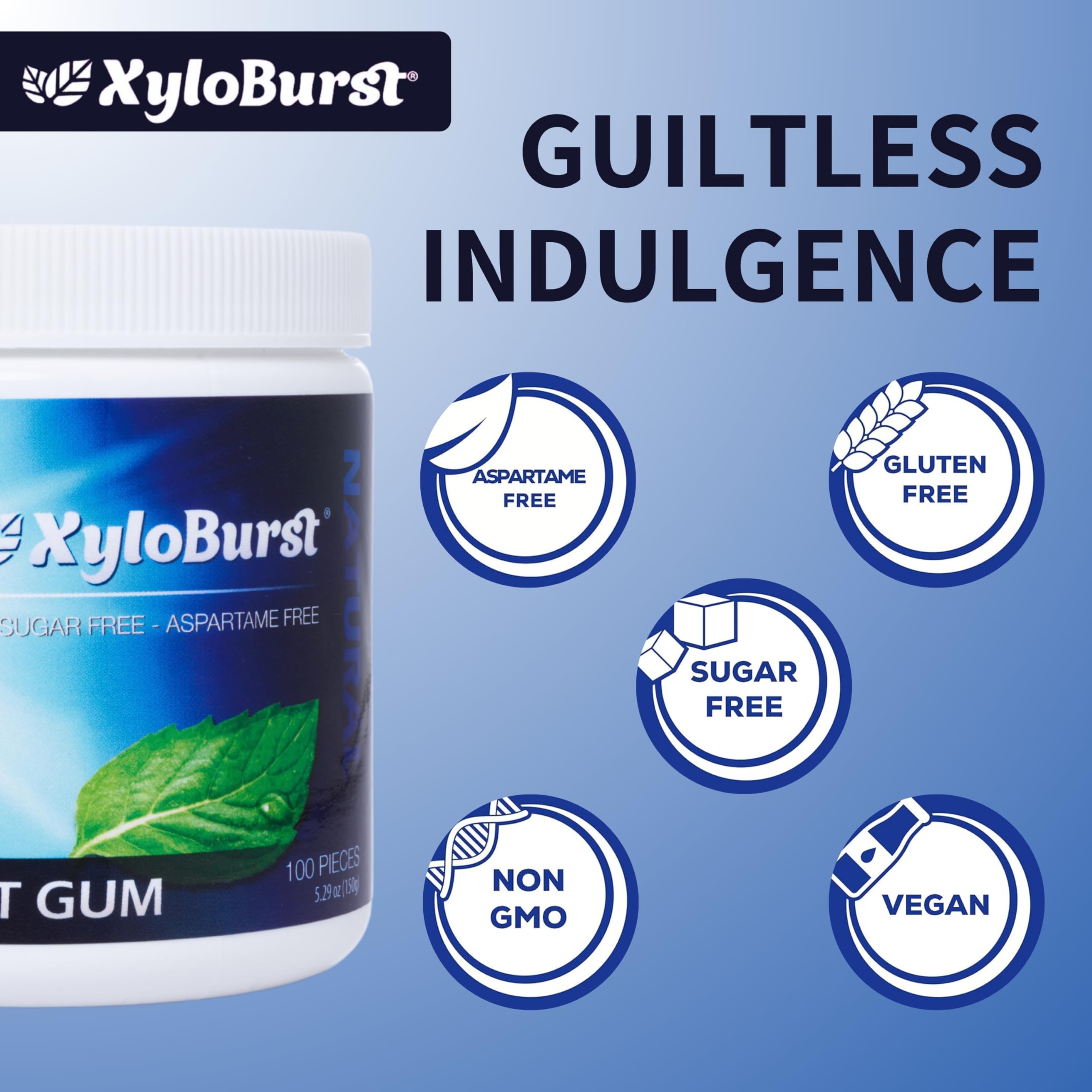 XyloBurst Xylitol Chewing Gum - Sugar Free, Gluten Free, Keto Friendly, Aspartame Free - Peppermint Flavor for Fresh Breath & Oral Health - 100 Count Jar - Perfect for Workouts, Travel & Daily Freshness