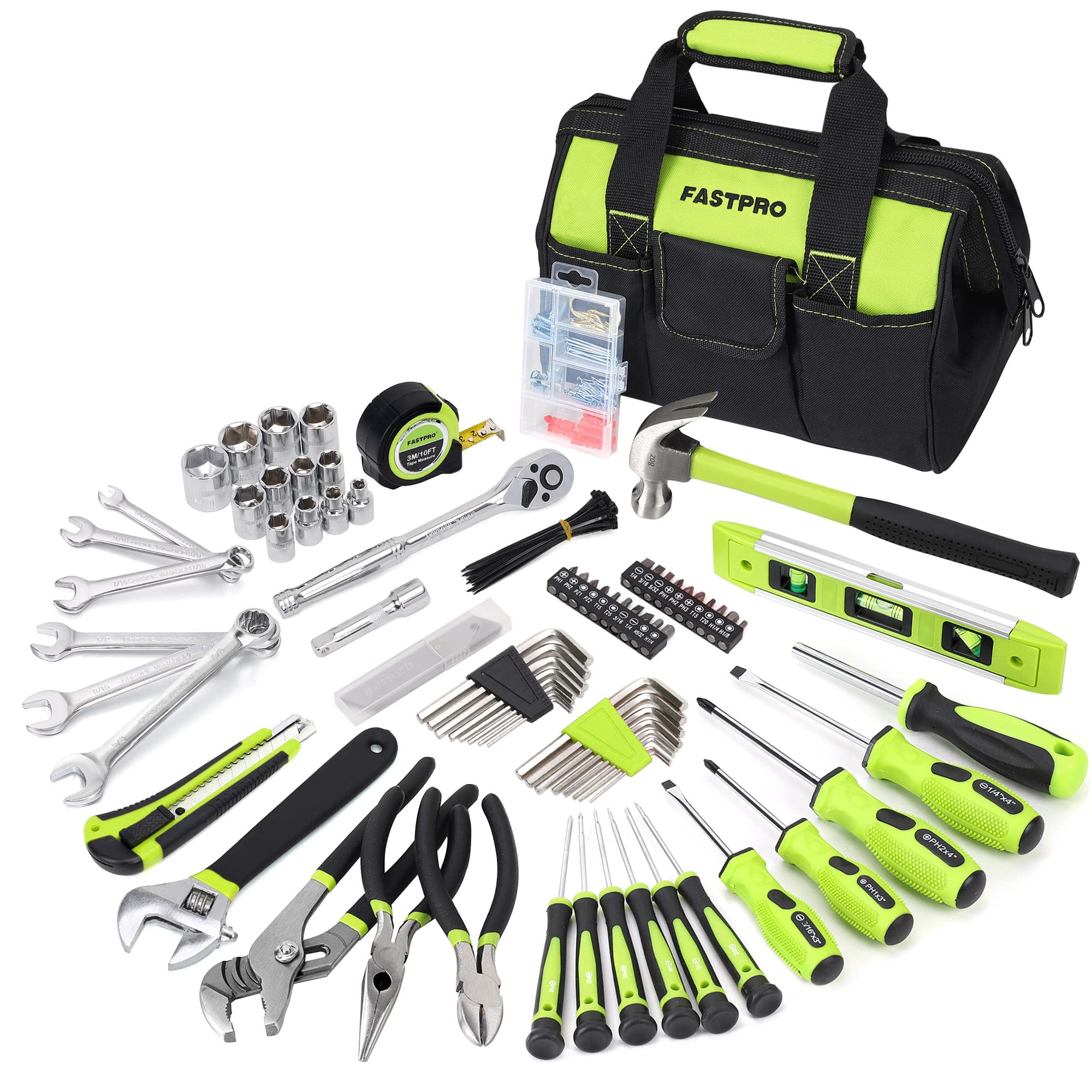 FASTPRO 236-Piece Home Repair Tool Kit with 12-Inch Wide Mouth Storage Bag - Complete Mechanics Hand Tool Set for DIY, Home Maintenance & Auto Repairs - Perfect for Household Projects, Furniture Assembly & Emergency Fixes (Green)