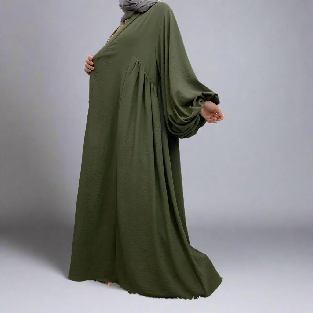Stylish Elastic Puff Sleeve Muslim Women's Cardigan Open Abaya Dress - Perfect for Prayer, Modest Fashion & Everyday Wear