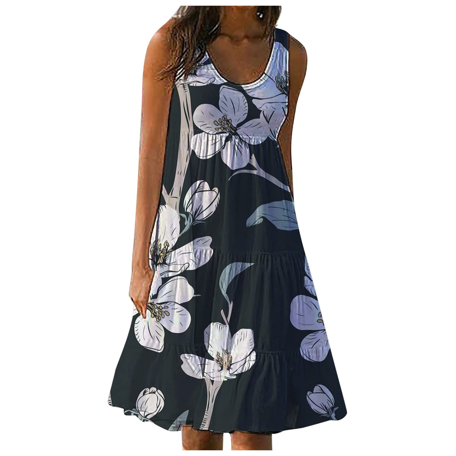 Women's Floral Print Summer Cocktail Dress - Sleeveless Round Neck Casual Beach Dress for Party, Vacation & Outdoor Events