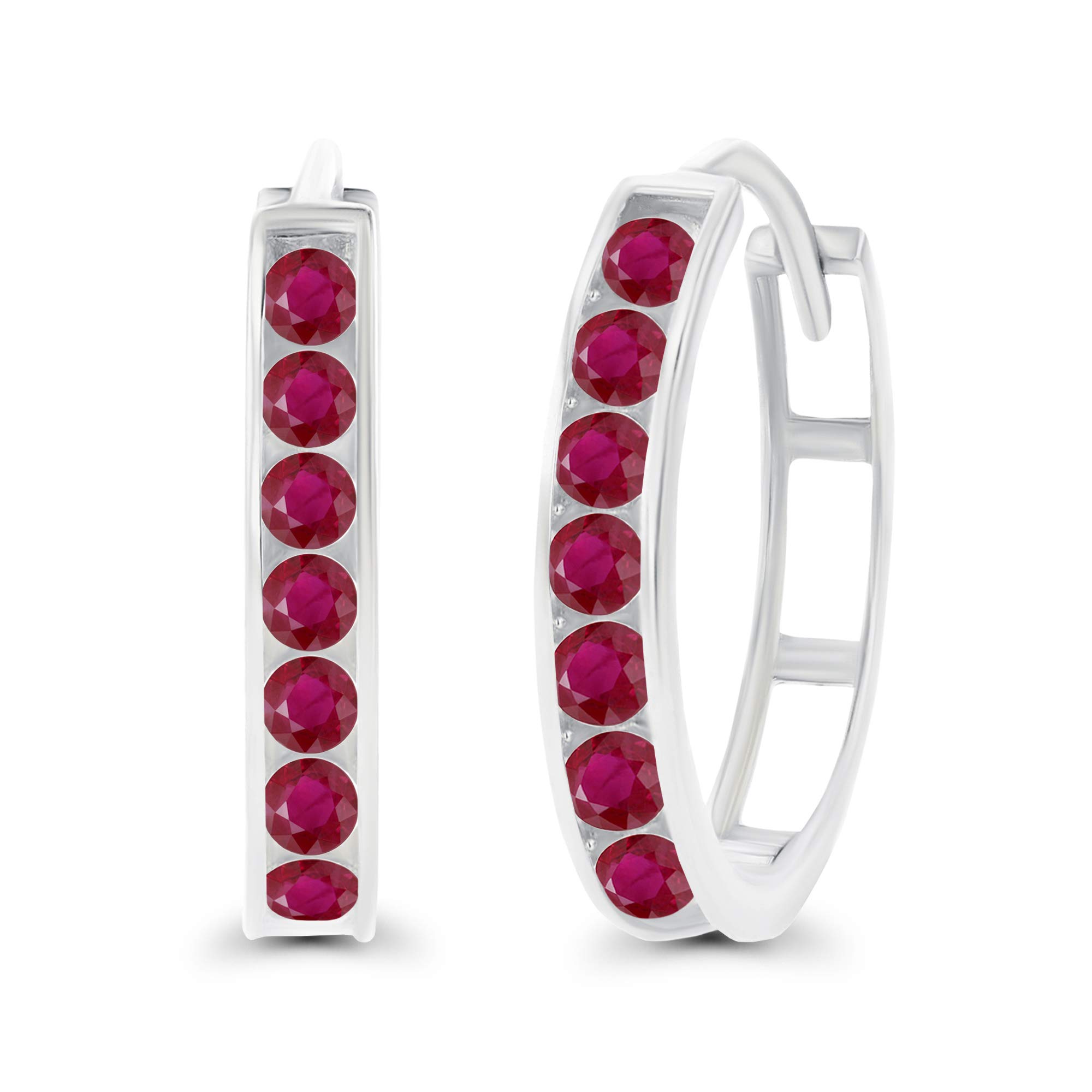 14K Solid Gold 3x17mm Genuine Birthstone Huggie Hoop Earrings for Women | 3mm Round Natural or Created Gemstone Channel Set | Perfect for Everyday Wear, Gifts & Special Occasions