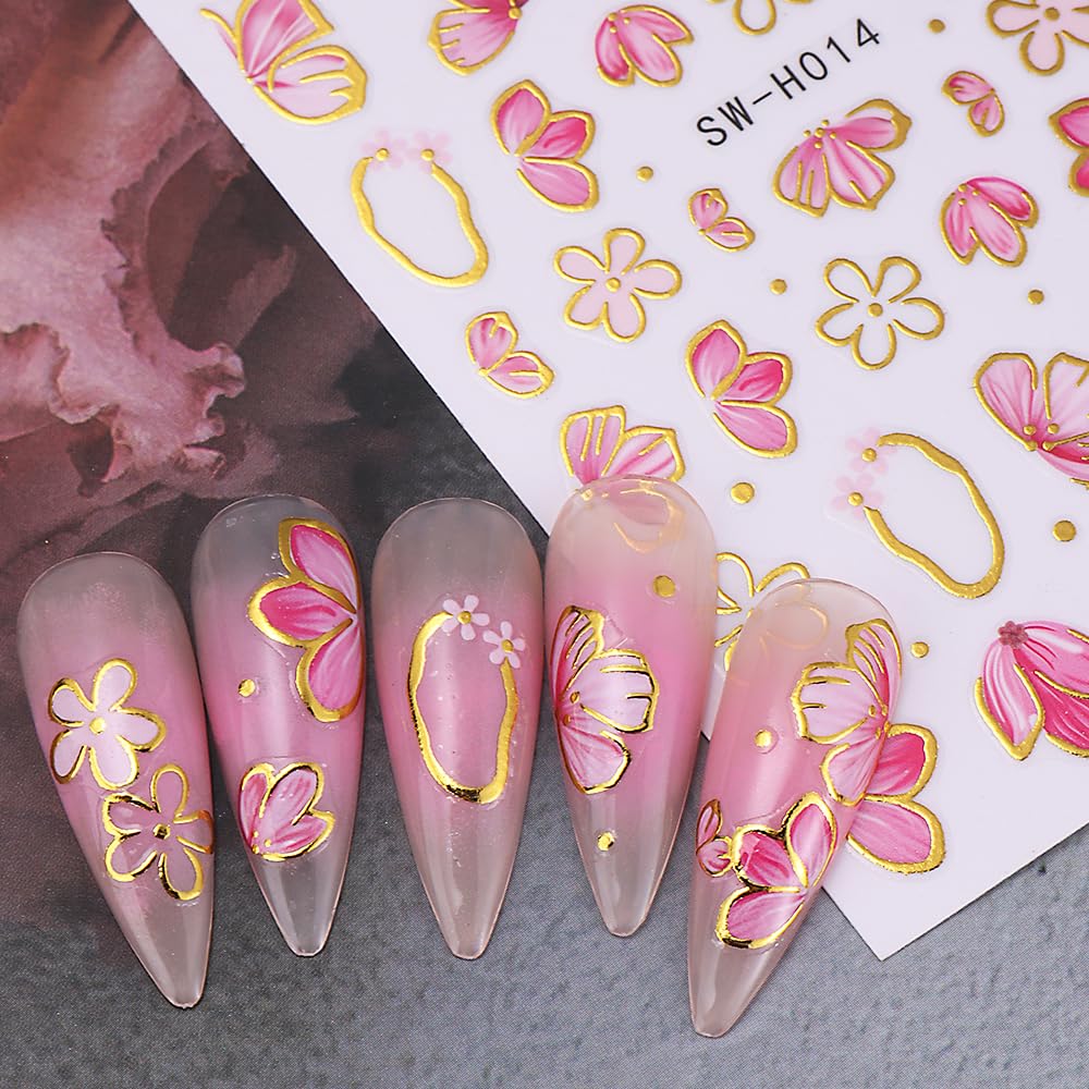Pink Flower Nail Art Stickers - 4PCS Spring Blossom 3D Self-Adhesive Nail Decals with Golden Edge for Women | DIY Manicure Supplies | Perfect for Valentine's Day, Spring Nail Decor & Party Nail Art