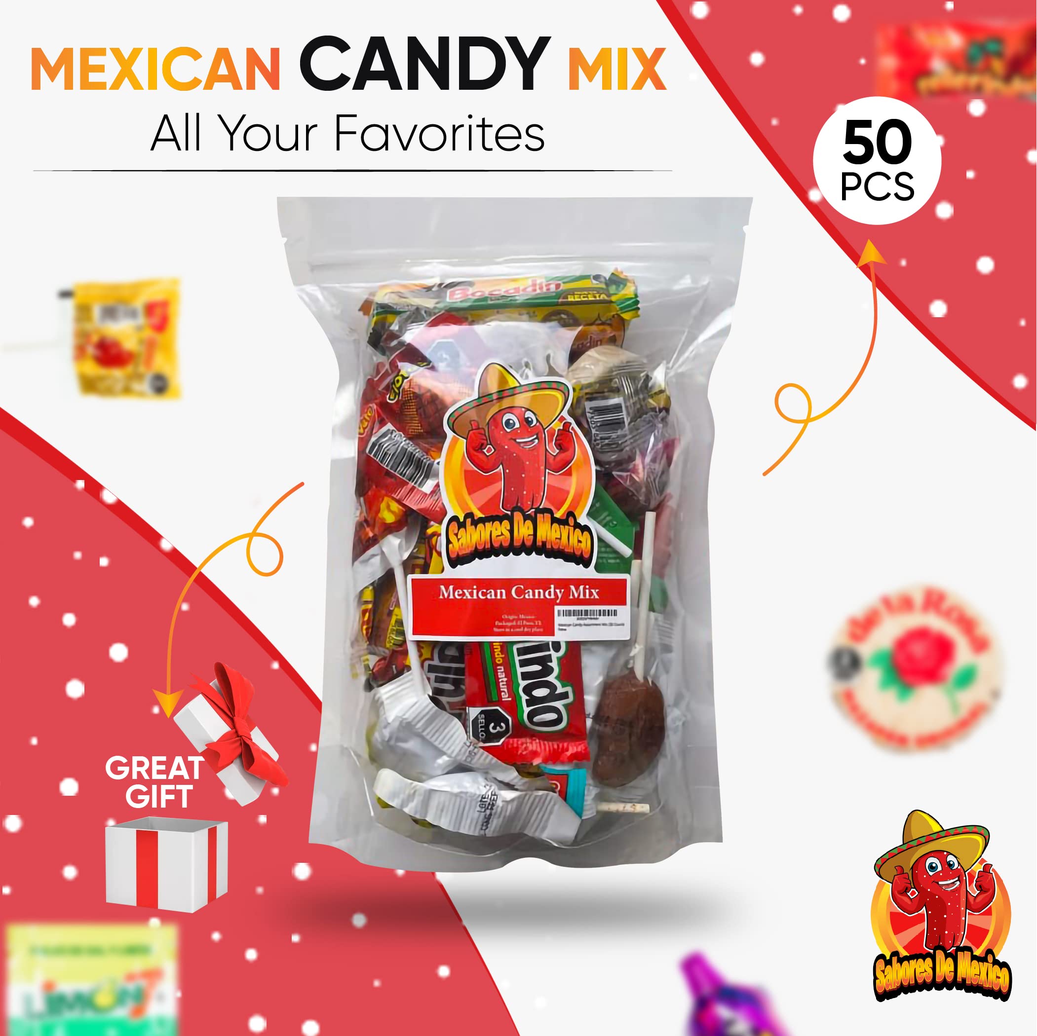 Mexican Candy Variety Pack (50 Count) - Assorted Dulces Mexicanos, Pica Fresa Lucas, Pelon Pelo Rico, Pulparindo & Mazapan - Authentic Mexican Snacks by Sabores de Mexico - Perfect for Parties, Gifts & Cultural Celebrations