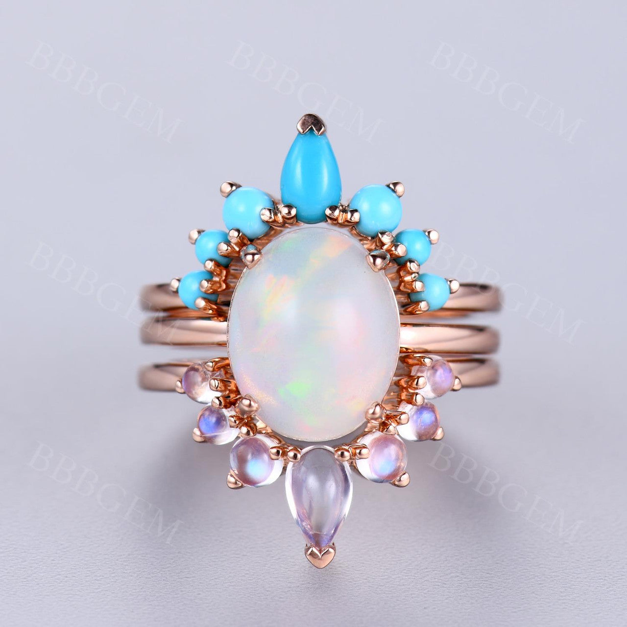 Vintage Opal Engagement Ring Set with Moonstone & Turquoise Band - 3 Piece Bridal Jewelry for Wedding, Anniversary & Special Occasions