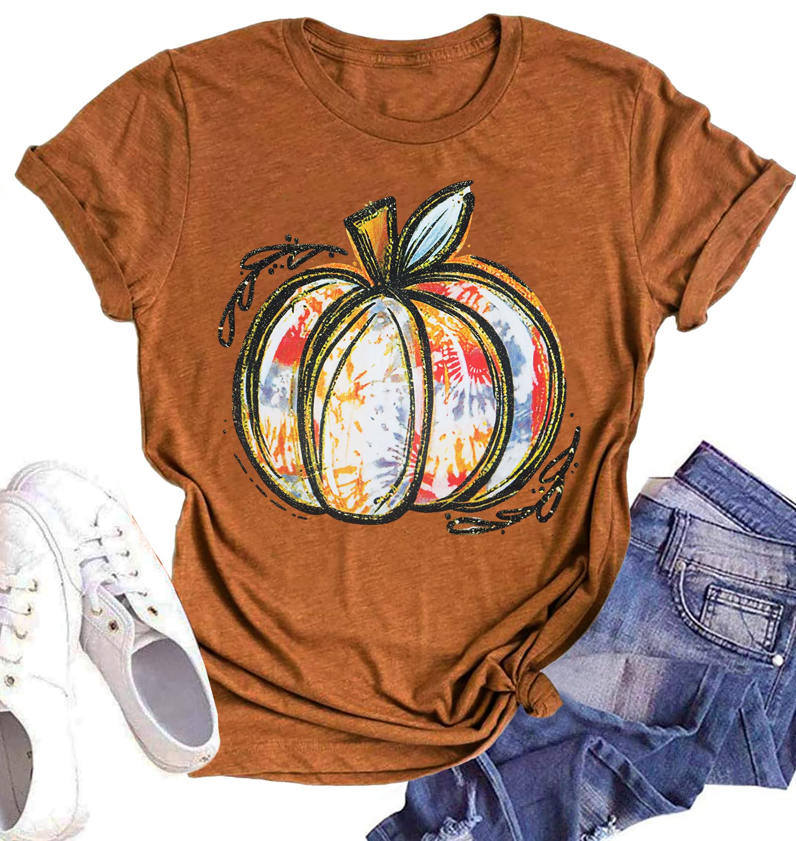 Halloween Pumpkin Shirt for Women - Cute Leopard Print Graphic Tee Short Sleeve Fall T-Shirt | Thanksgiving Gift & Party Outfit | Casual Wear, Costume Party, Autumn Festival