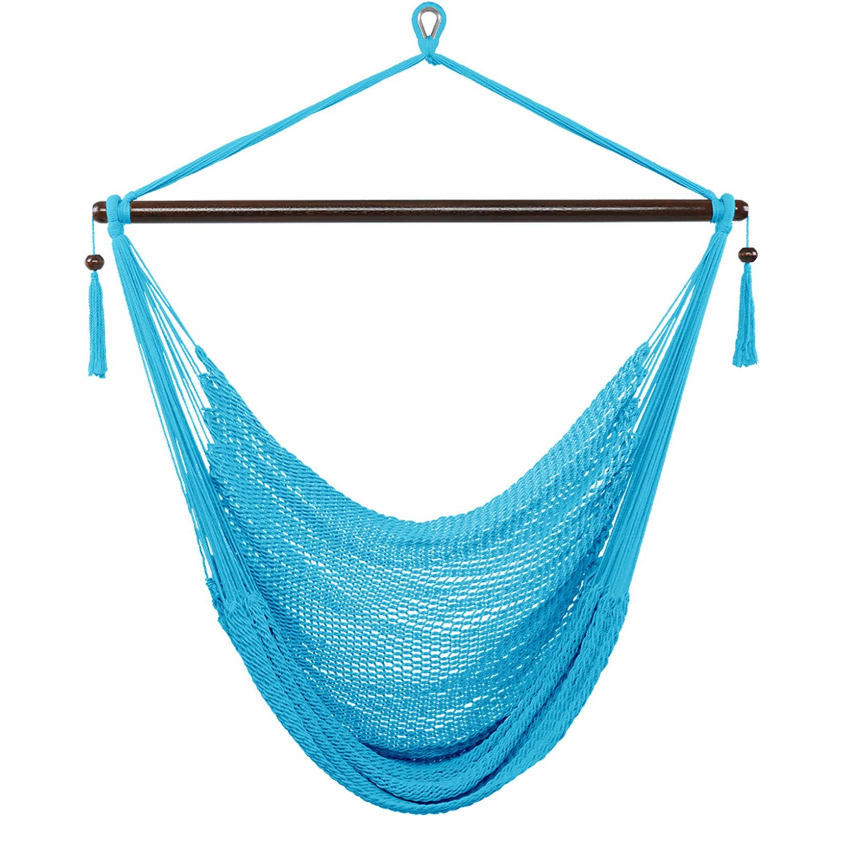 DZMARK Caribbean Large Hammock Chair Swing - Heavy Duty Hanging Chair with Tassels in Light Blue for Indoor & Outdoor Use - Perfect for Porch, Patio, Garden, and Backyard Relaxation