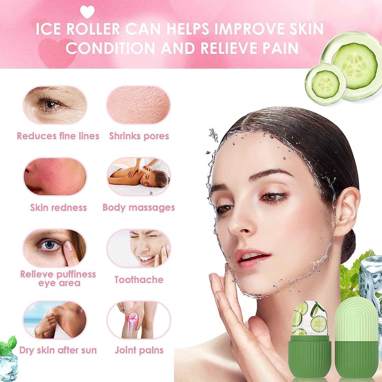 KBS Ice Roller for Face Massager - Pack of 2, Cooling Face & Eye Roller for Neck & Body, Reduces Puffiness, Dark Circles & Migraine Pain - Reusable Silicone Ice Massage Tool (Green) - Perfect for Skincare Routine & Post-Workout Recovery