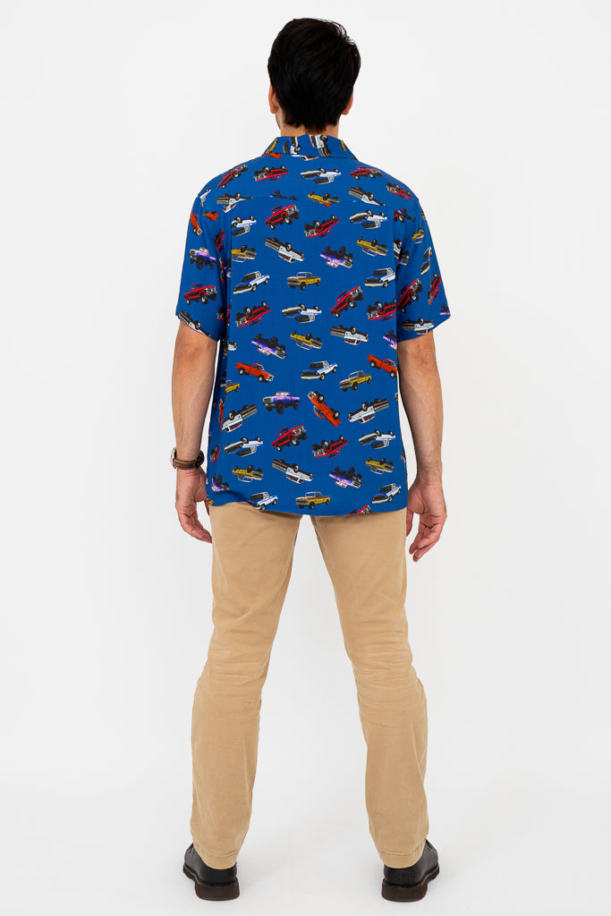 Dinosaur Print Shirt for Kids - Blue Truck Design, Soft Woven Bamboo Fabric - Perfect for Playdates, School & Outdoor Adventures