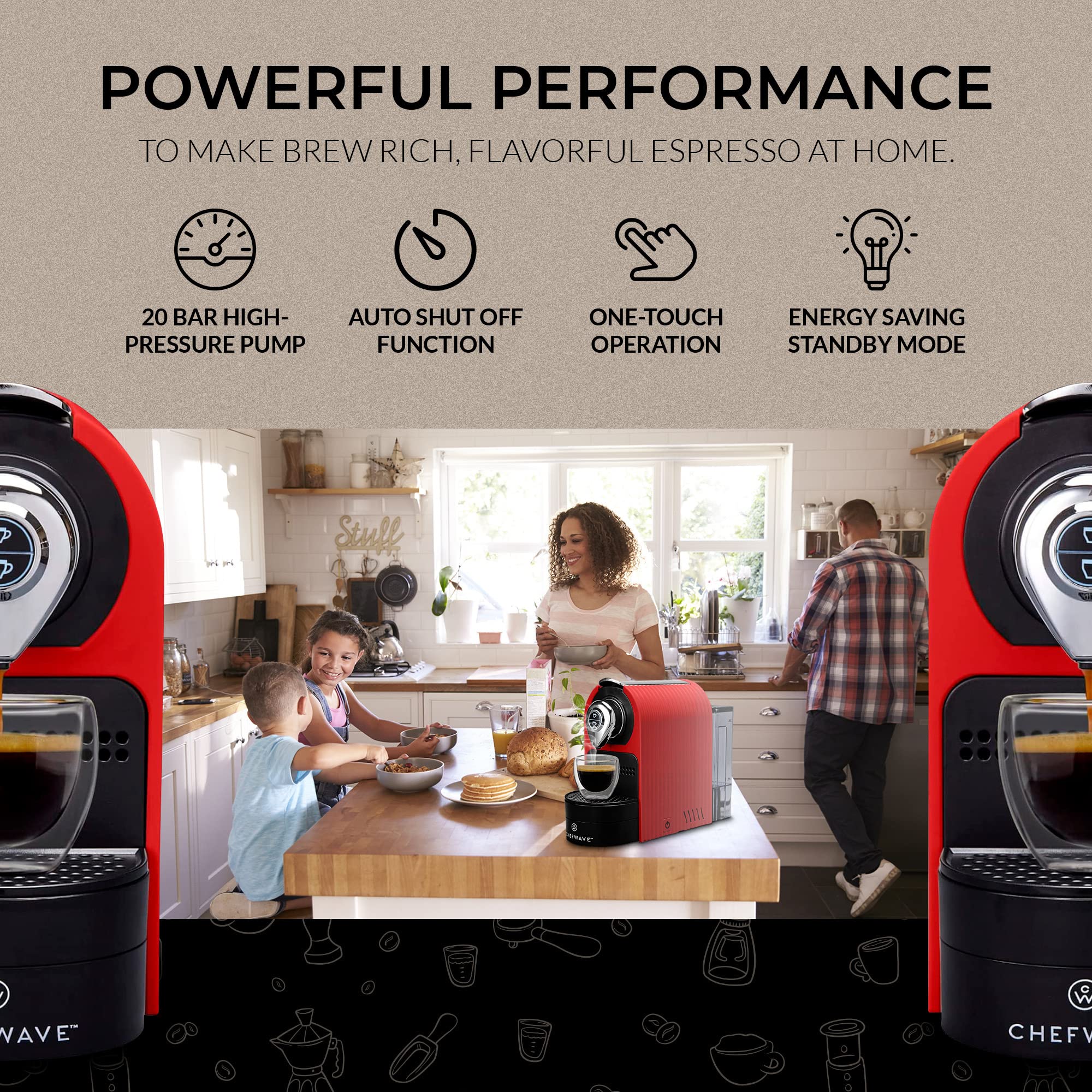 ChefWave Espresso Machine for Nespresso Compatible Capsules - 19 Bar Pressure, Fast Heat-Up, Red Coffee Maker with Capsule Holder, 2 Glass Cups & Descaling Powder - Perfect for Home, Office & Small Coffee Shops