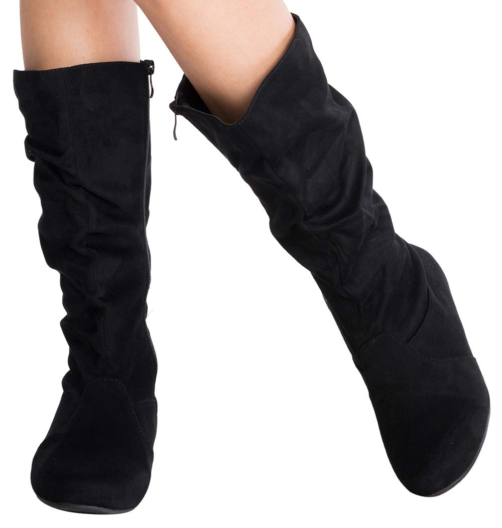Women's Slouchy Suede Ankle Boots with Side Zipper - Low Heel Mid-Calf Casual Slip On Booties for Everyday Wear, Office & Fall Fashion