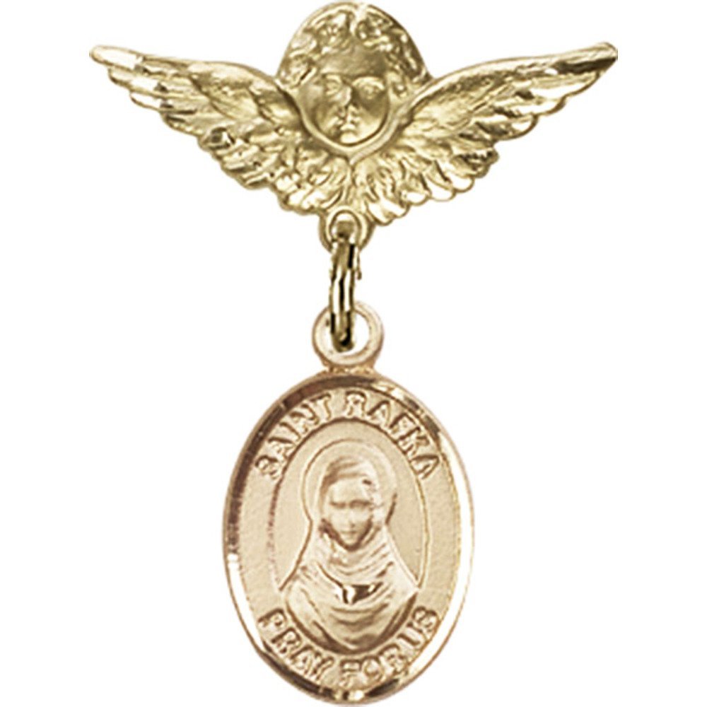 Gold Filled Baby Badge Pin with St. Rafta Charm & Angel Wing Charm - 1 X 3/4 Inch - Perfect for Christening Gifts, Baby Showers & Keepsake Jewelry