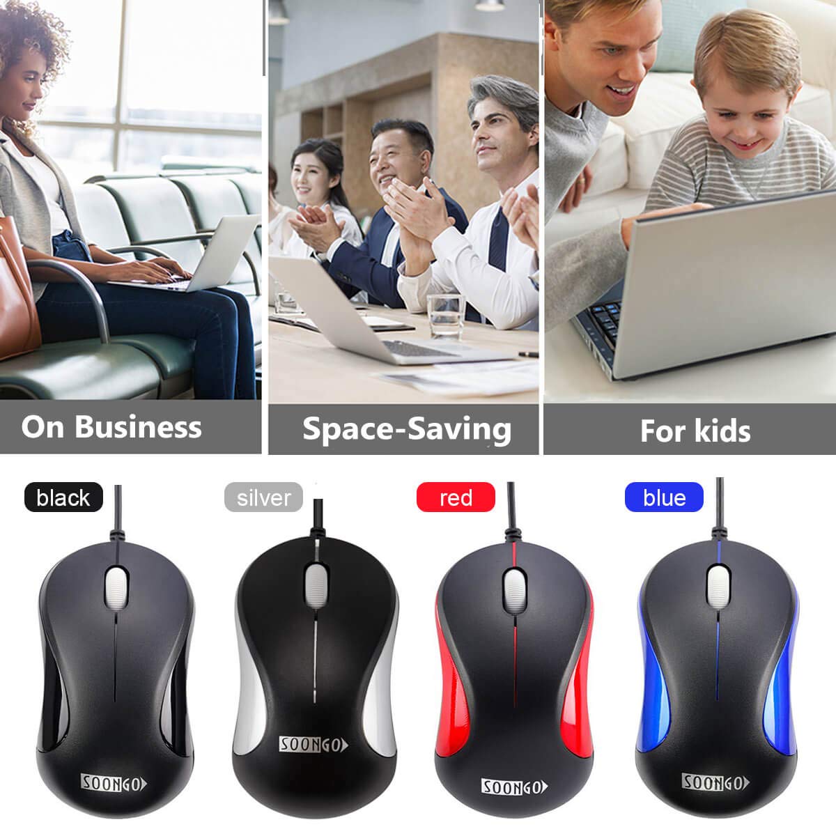 SOONGO 2 Pack USB Wired Mouse - Ergonomic Optical Computer Mice for Laptop, PC, Desktop - Silver (Perfect for Office Work, Home Use & Gaming)