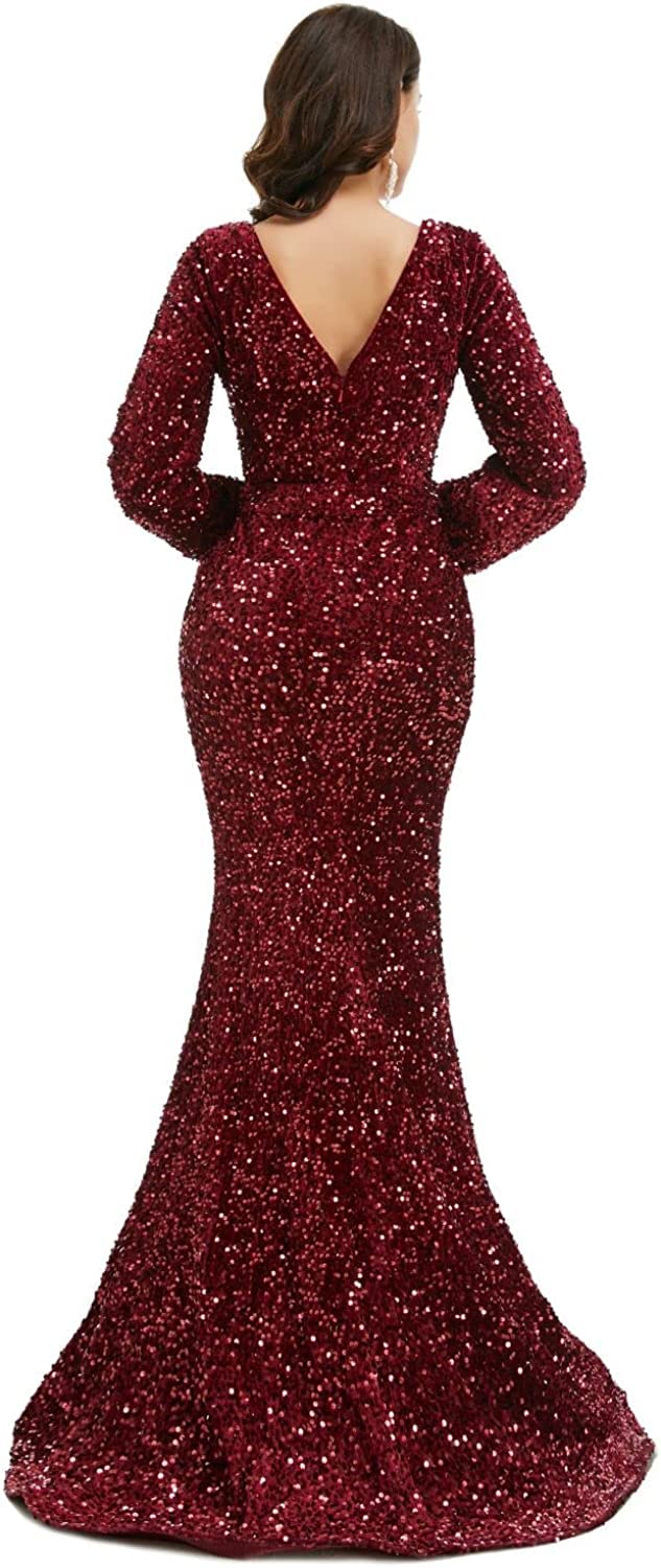 Elegant Women's V-Neck Sequin Long Sleeve Prom Dress with High Split Mermaid Tail - Perfect for Wedding, Evening Party, Cocktail & Formal Events