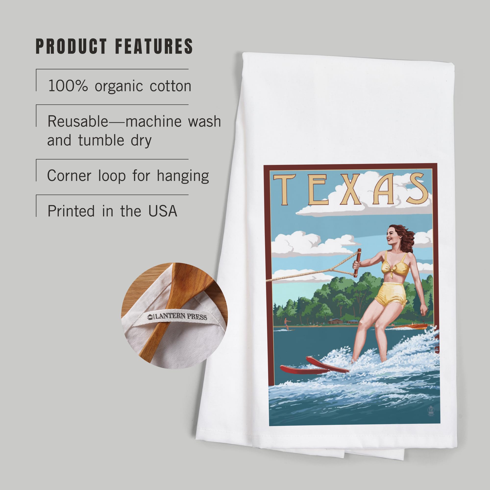 **Lantern Press Texas Water Skier and Lake Cotton Tea Towel – 100% Cotton Decorative Hand Towel for Kitchen, Home, and Gifts – Perfect for Drying Dishes, Decor, and Hostess Gifts**