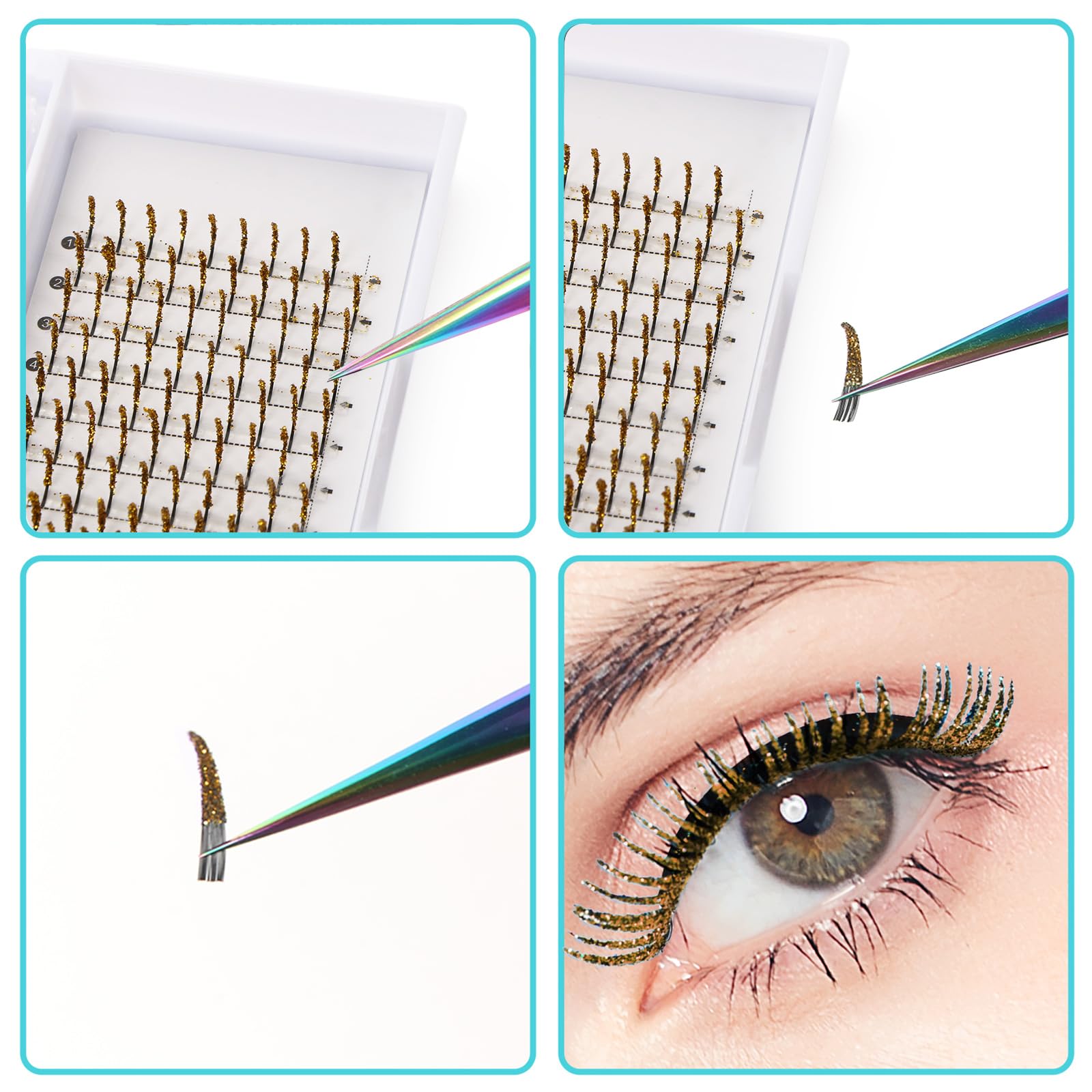 UHOMENY Glitter False Eyelashes - D Curl Single Spike Lashes for Eyelash Extensions (11-16mm Mix, Pink) | Perfect for Cosplay, Party Makeup & Dramatic Eye Looks