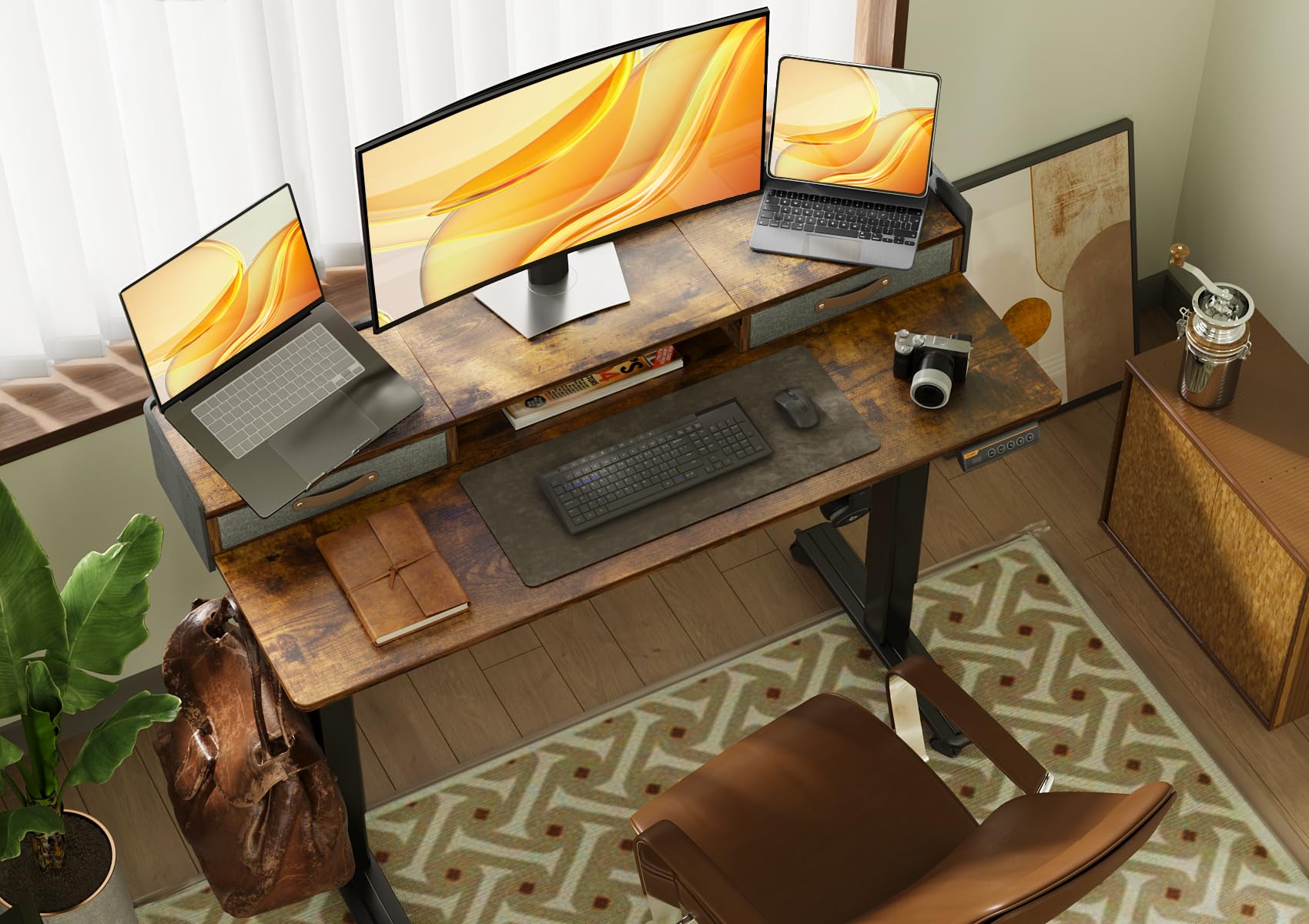 Claiks Electric Standing Desk with Drawers - 55 Inch Adjustable Height Sit Stand Desk with Storage Shelf & Splice Board - Rustic Brown Home Office Desk for Work from Home & Ergonomic Workspace