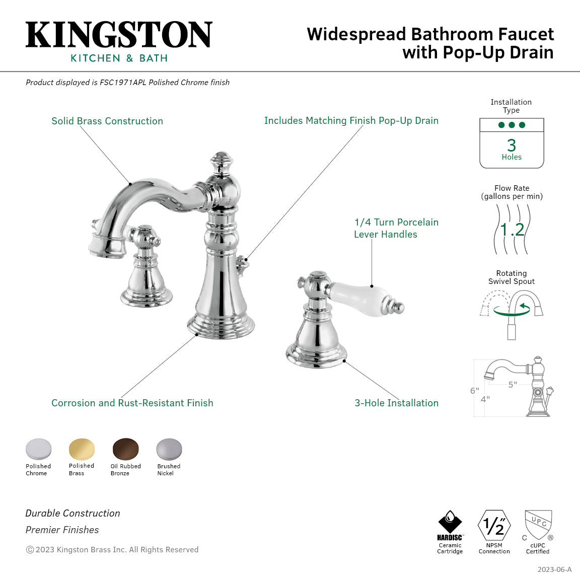 American Patriot FSC1971APL 3-Hole Widespread Bathroom Faucet with Pop-Up Drain - Polished Chrome Finish - Perfect for Modern Bathrooms & Powder Rooms