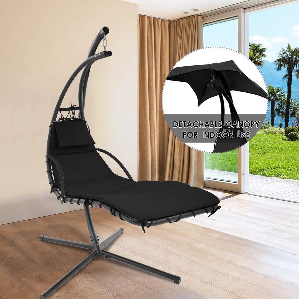 Black Hanging Chaise Lounger - Outdoor Patio Swing Chair with Adjustable Canopy & Arc Stand for Porch, Garden, Poolside Relaxation | Perfect for Napping, Reading & Sunbathing Indoors & Outdoors