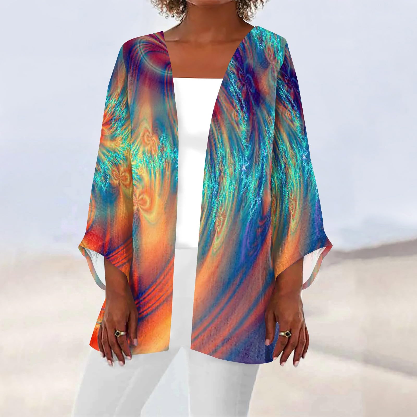 Trendy Women's Floral Boho Cardigan & Graphic Tee Set - 3/4 Sleeve Beach Cover Up for Spring Summer 2024-2025 (Orange, Large) - Perfect for Casual Outings, Vacations & Boho Fashion Styles