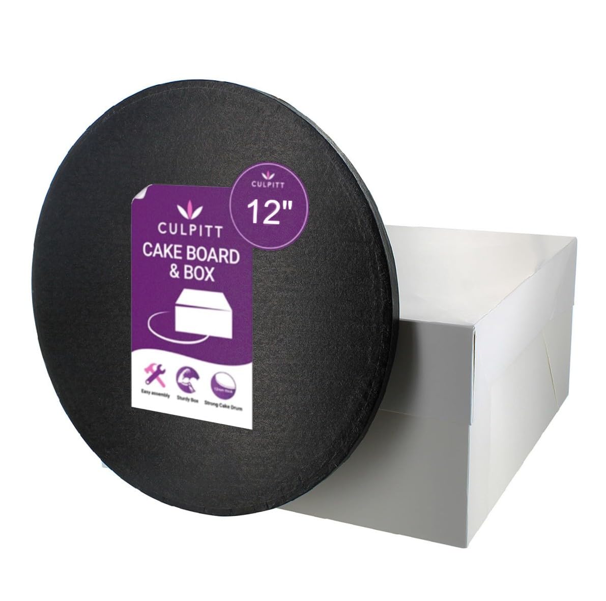 Culpitt 12-Inch Round Black Cake Board with White Cake Box - 0.5'' Thick Cake Drum & Matching Transport Box for Birthday, Wedding & Halloween Treats - Durable 13mm Cake Stand for Professional Bakers & Home Bakers