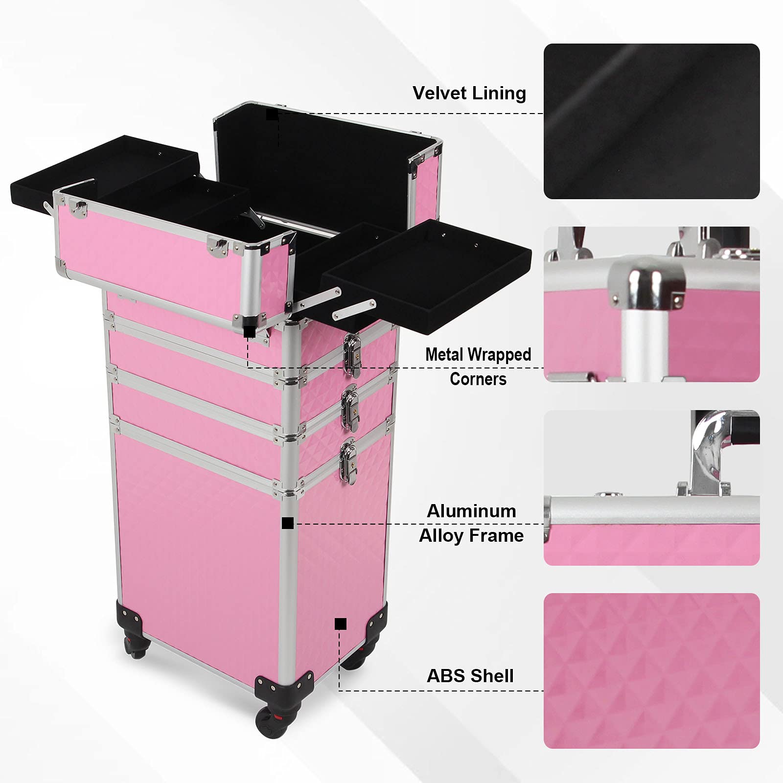 4 in 1 Professional Makeup Train Case with Large Storage & 4 Wheels - Lockable Rolling Cosmetic Trolley with Diamond Surface (Pink) - Perfect for Salon Professionals, Travel & Mobile Makeup Artists