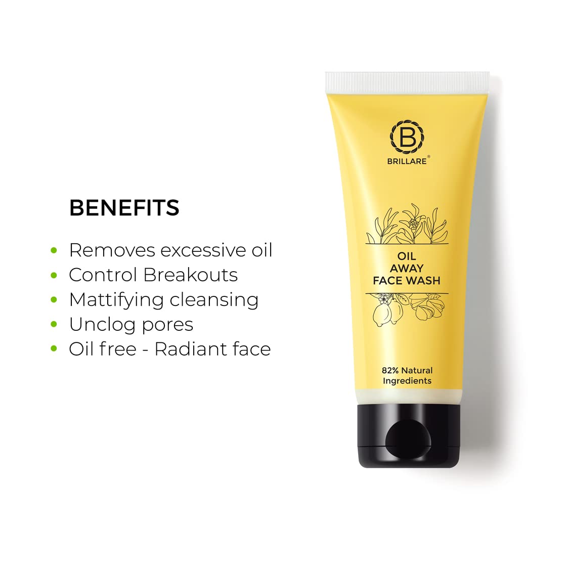 Brillare Professional Oil Away Natural Face Wash with Tea Tree & Turmeric (100ml) - Deep Cleansing for Oily & Acne-Prone Skin - Perfect for Daily Skincare Routine