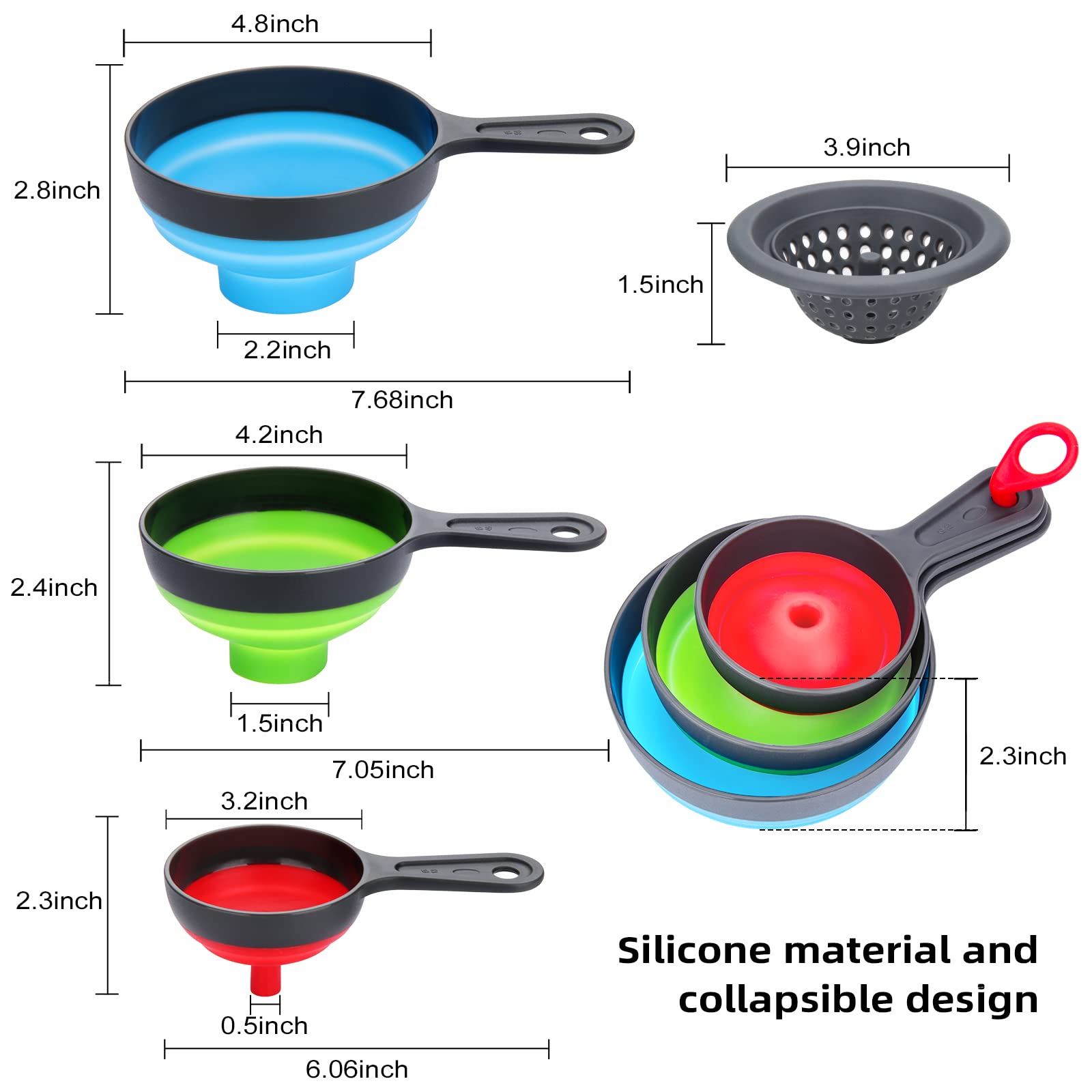 Dokpod Collapsible Silicone Kitchen Funnel with Strainer - Wide Mouth Canning & Bottle Filling Funnel with Filter - Perfect for Home Brewing, Oil Transfer, and DIY Projects