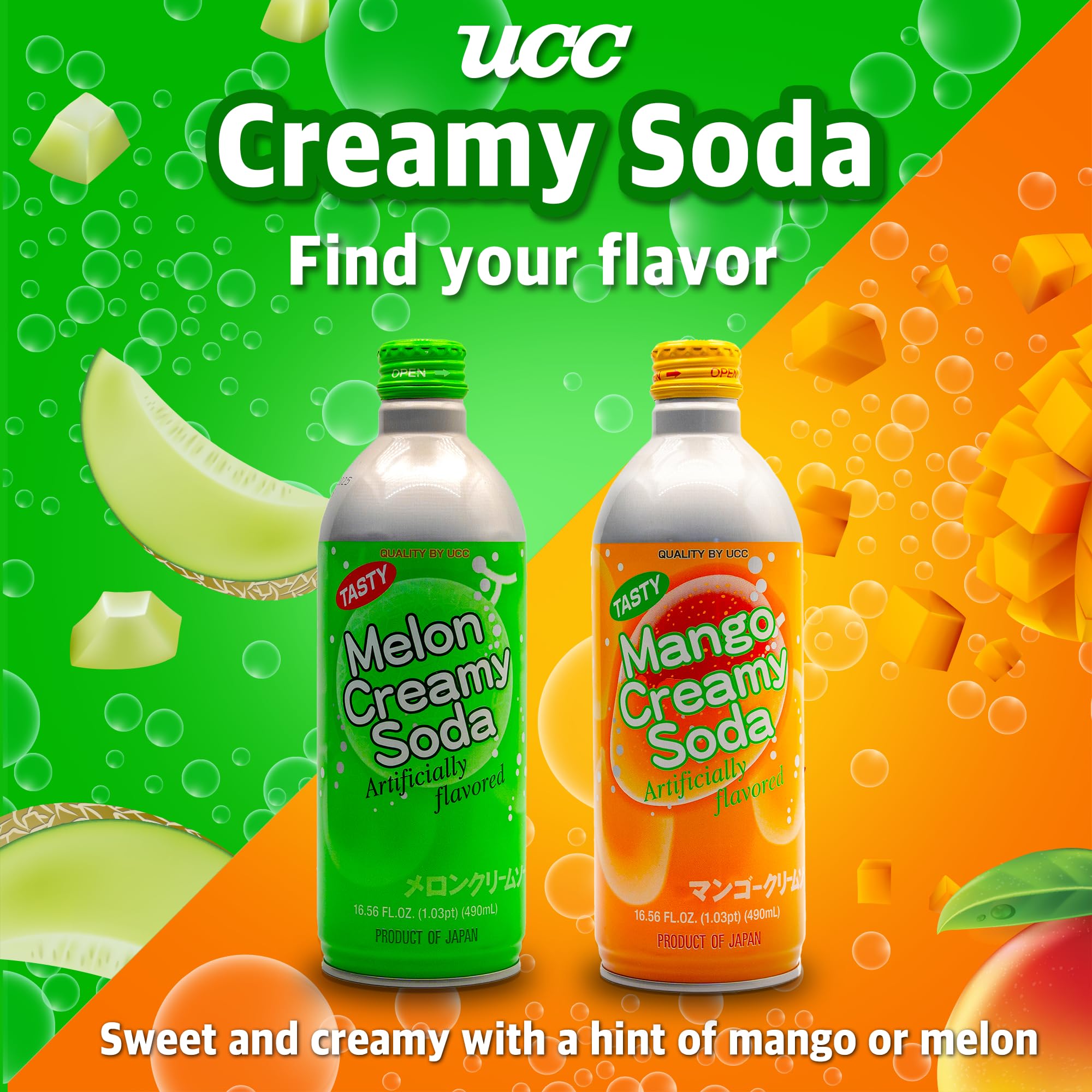 UCC Mango Creamy Soda - 24-Pack of 16.57oz Japanese Imported Carbonated Drinks with Artificial Mango Flavor | Ready-to-Drink Bottled Beverage for Parties, Picnics & Office Snacks