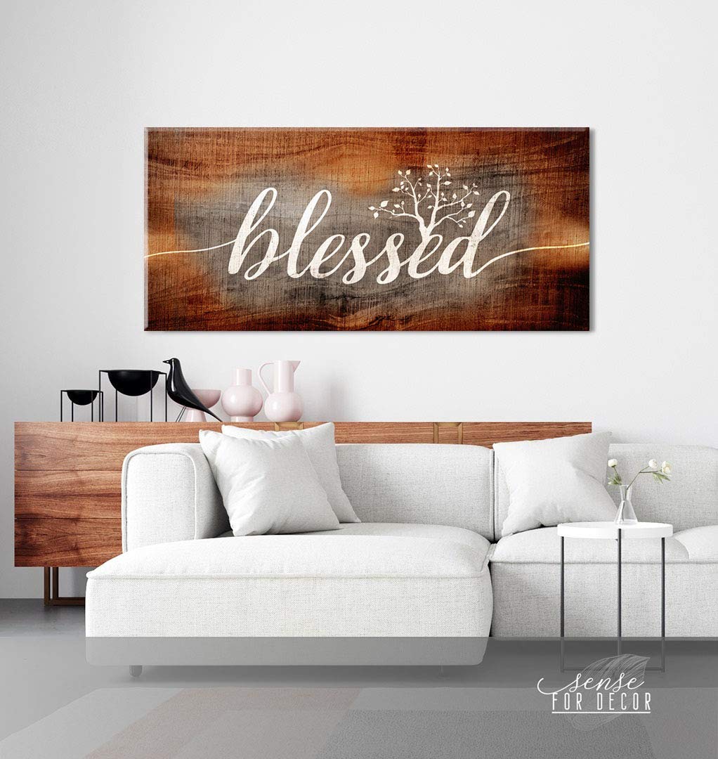 Christian Wall Art - Blessed Sign & Thankful Quotes Religious Home Decor | 42x19 Inch Brown Wooden Plaque | Perfect for Living Room, Bedroom & Church Decor