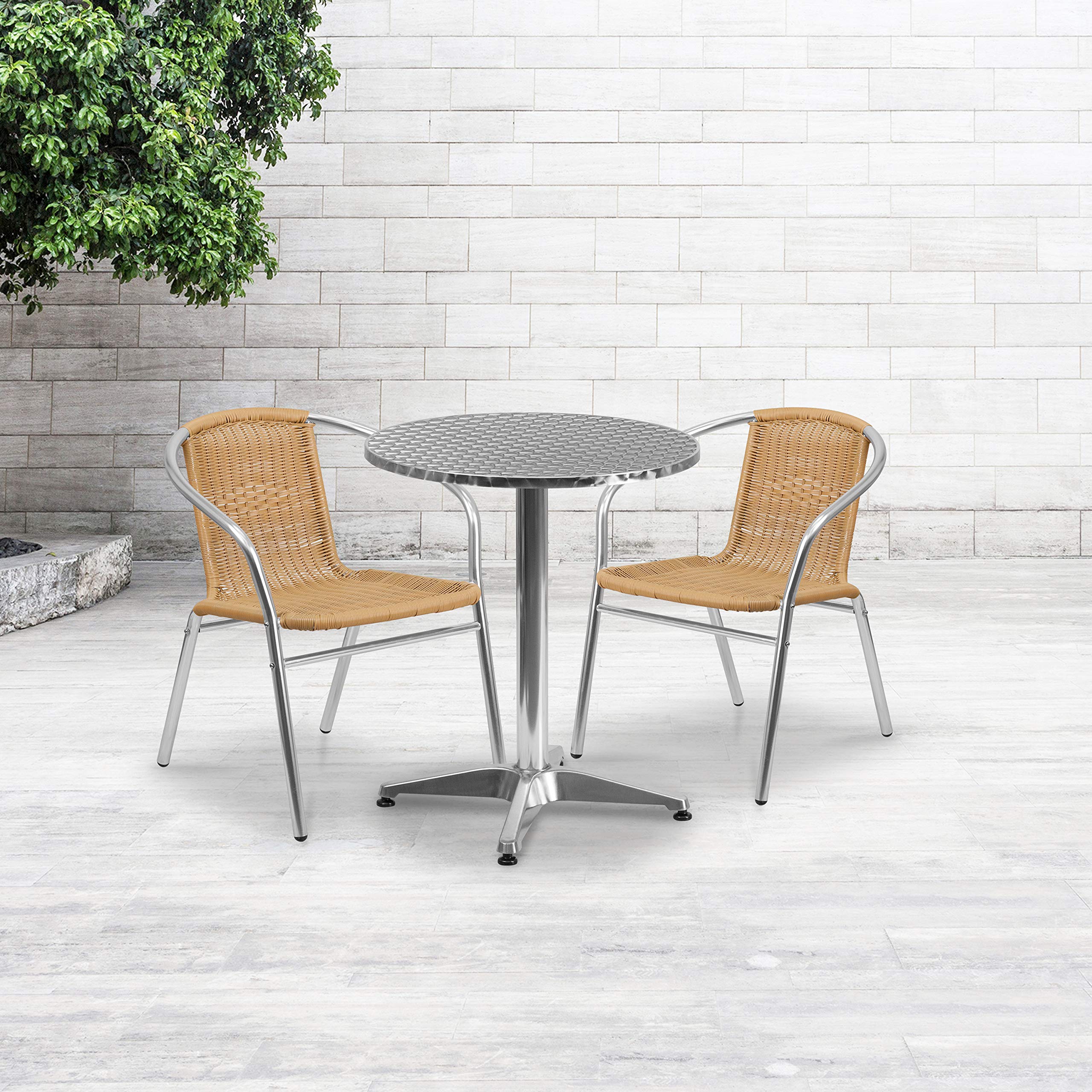 EMMA + OLIVER 23.5 Inch Round Aluminum Outdoor Dining Table Set with 2 Beige Rattan Chairs - Perfect for Patio, Garden, and Backyard Relaxation