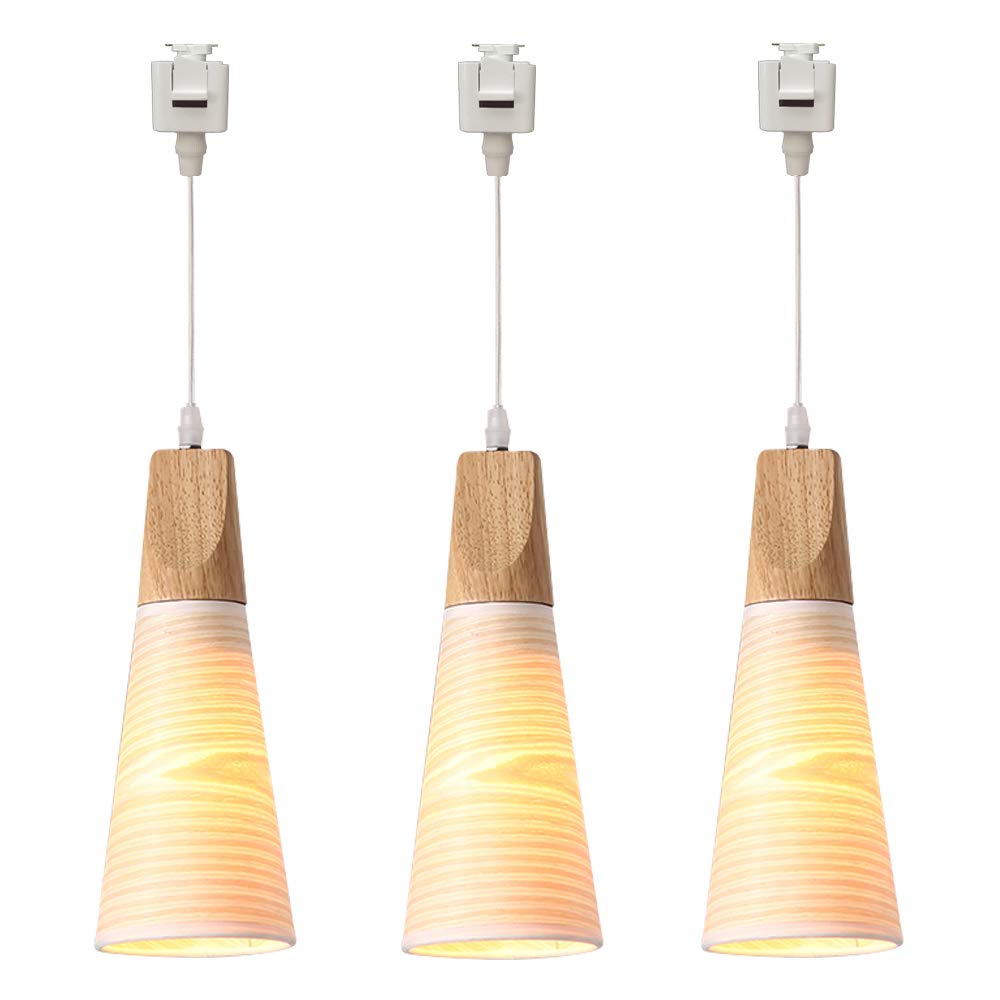 Wooden Socket Cone Shape Pendant Light - J-Type Track Mount Lighting with 3.2ft Cord in Macaron White | Customizable 3-Light Kitchen Track Lighting System for Modern Dining Room & Bar Decor