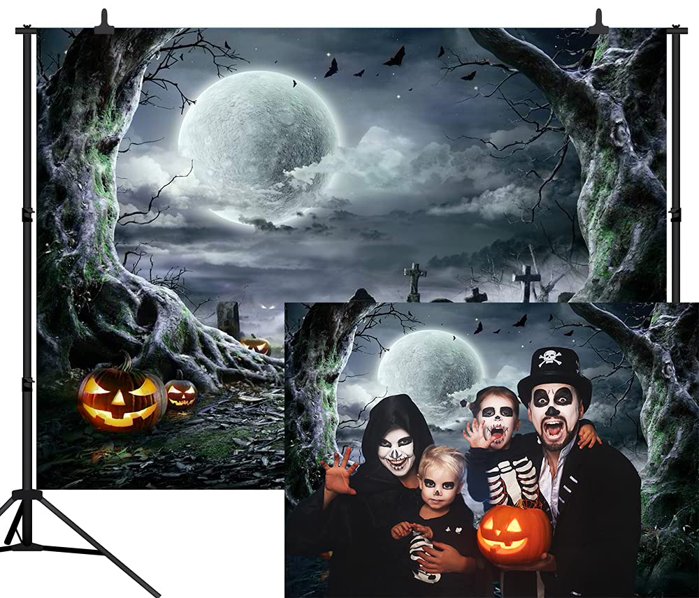 8x6FT Halloween Backdrop Photography Background - Spooky Moonlit Cemetery with Pumpkin Lanterns for Kids & Adults - Perfect for Halloween Parties, Birthday Decor, Photo Booths & Family Gatherings