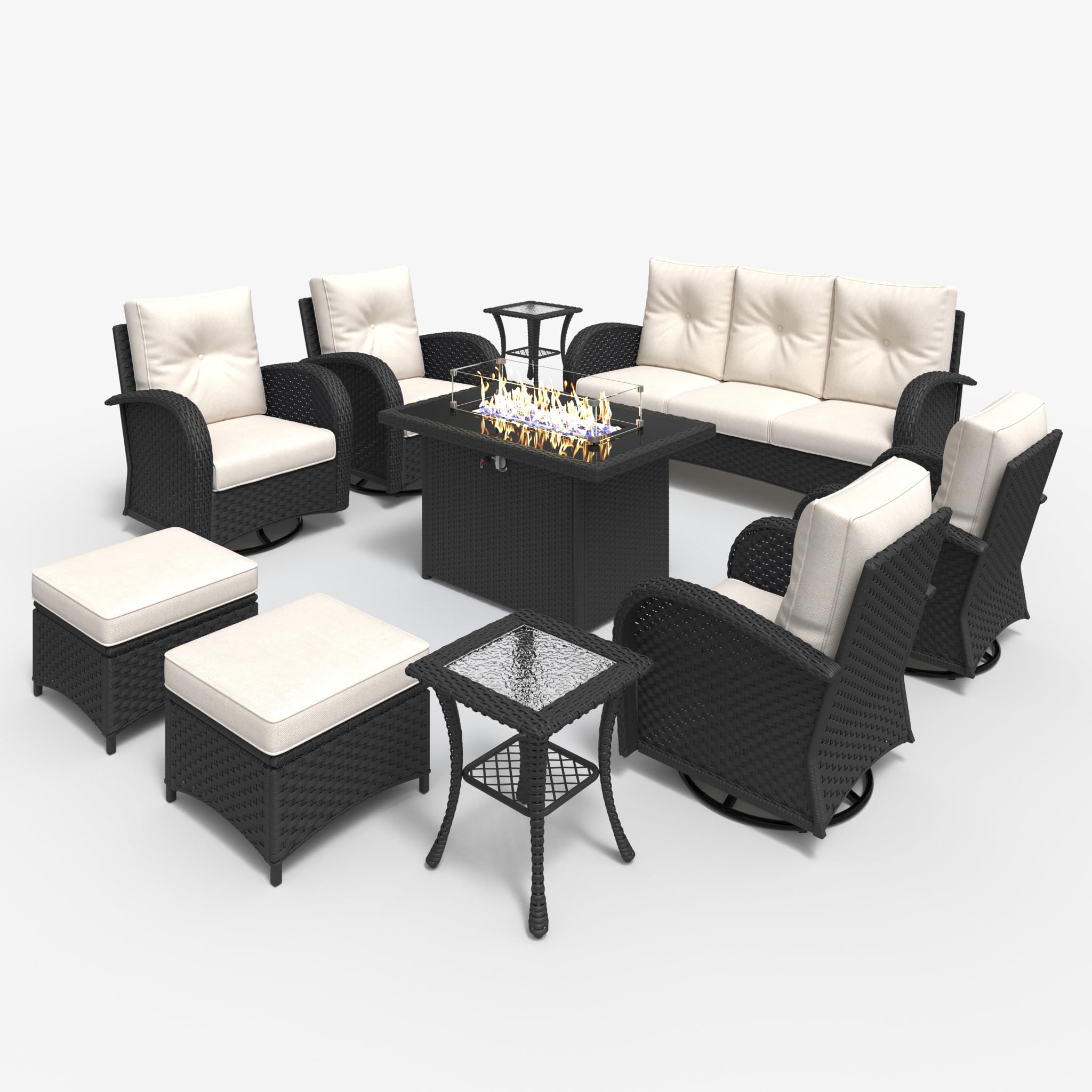 LayinSun 10-Piece Outdoor Patio Furniture Set with Fire Pit Table - Rattan Wicker Sectional Sofa with Swivel Rocker Chairs - Perfect for Backyard, Garden, Poolside & Patio Relaxation