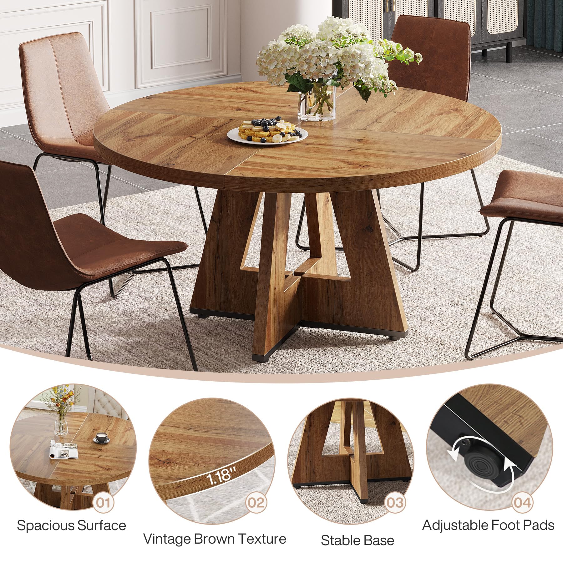 Tribesigns 47 Inch Round Farmhouse Dining Table - Rustic Brown Wood Kitchen Table for 4 - Perfect for Home Dining Room, Living Room & Small Space Gatherings | Durable & Stylish for Family Meals, Dinner Parties & Daily Use